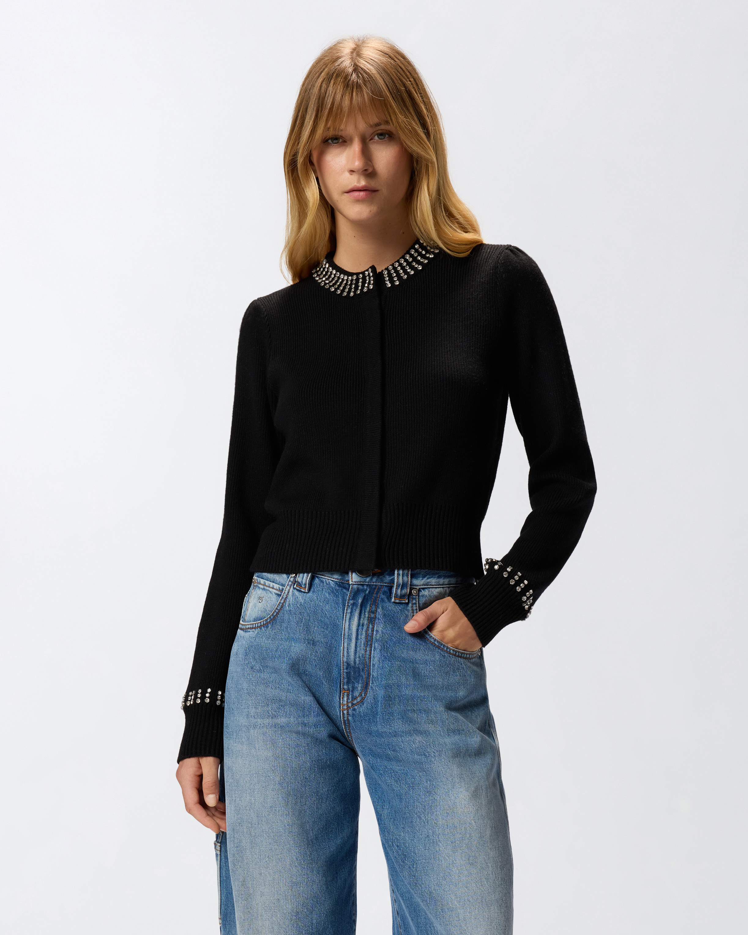 Round-neck cardigan with rhinestones - Black - large | Pinko 