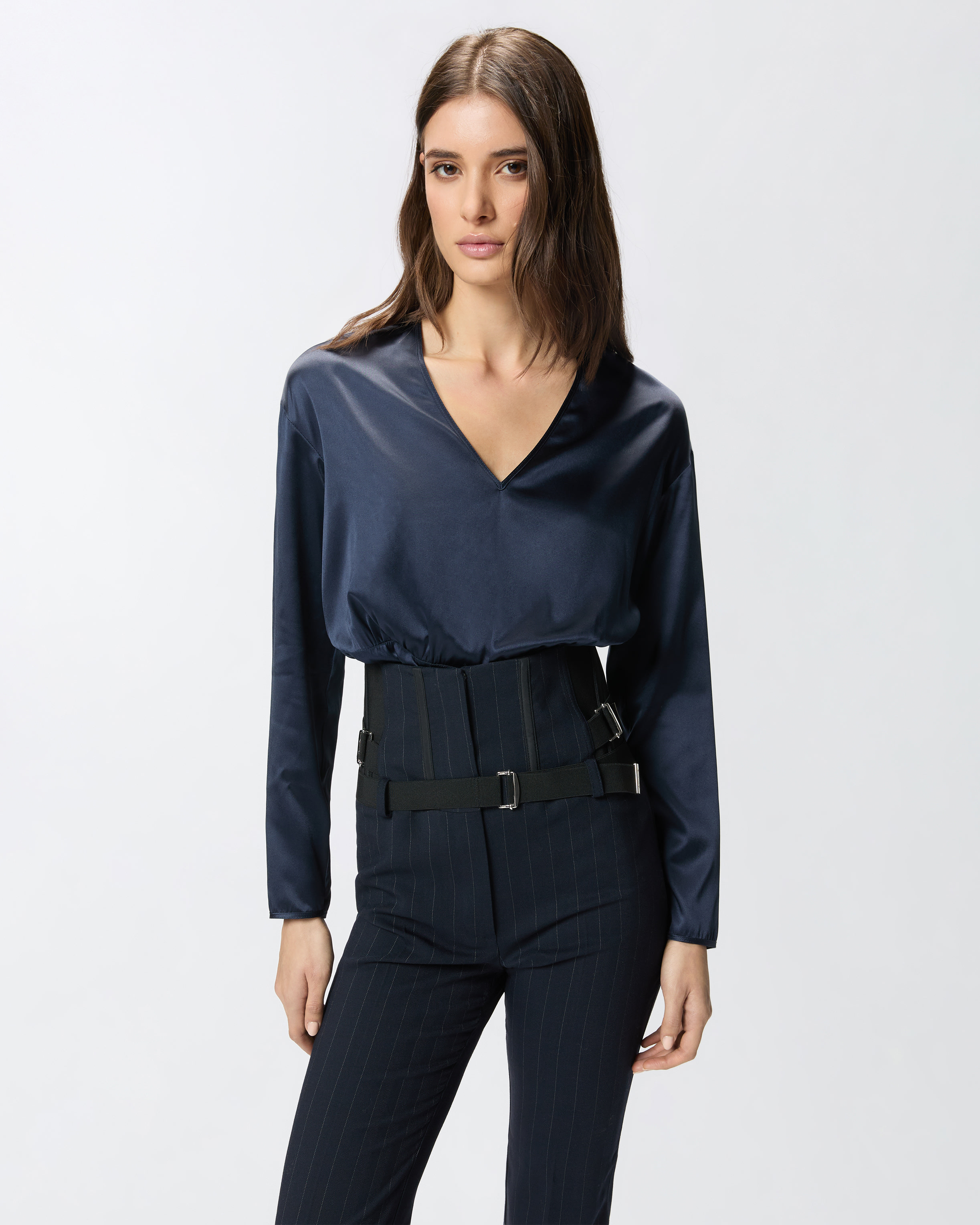 Blusa a maniche lunghe in satin stretch - Blu - large | Pinko 