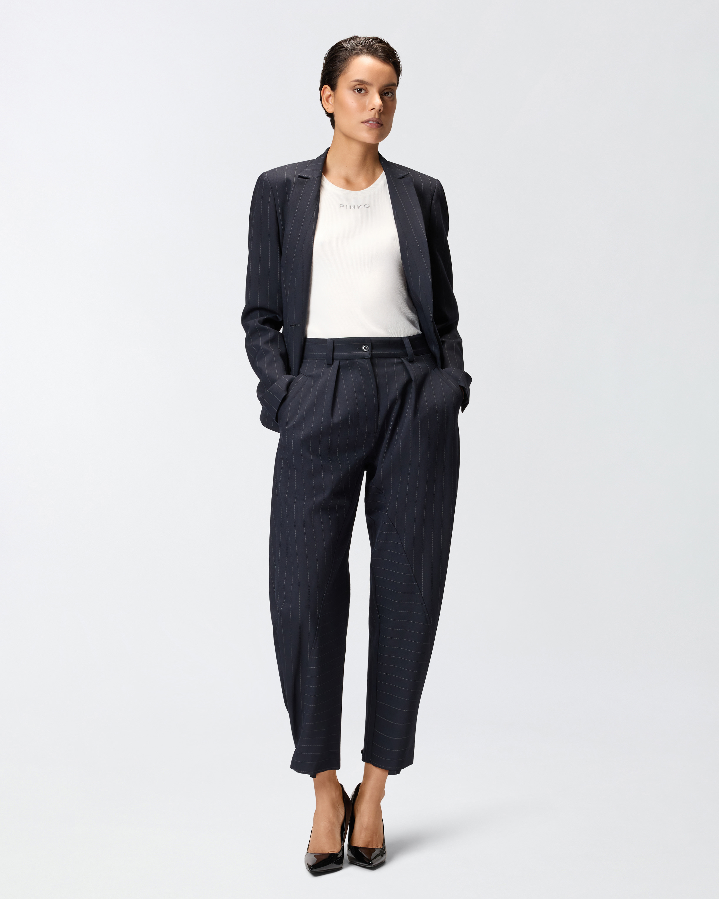 Pinko Wide Leg Pinstripe Trousers Pleated Front In Multi