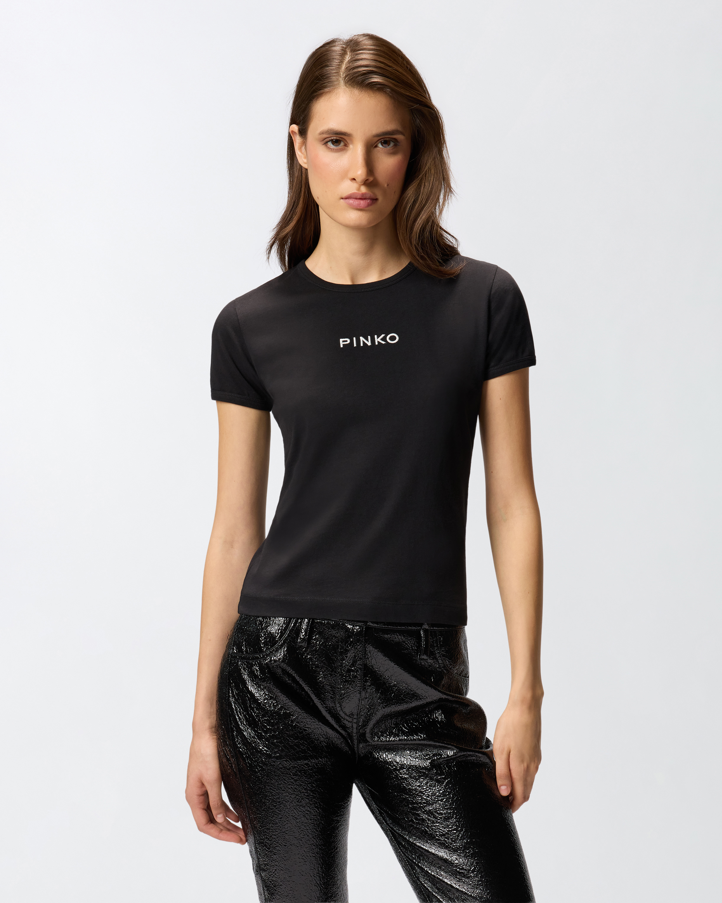 Short-sleeved T-shirt with embroidered logo - Black - large | Pinko 