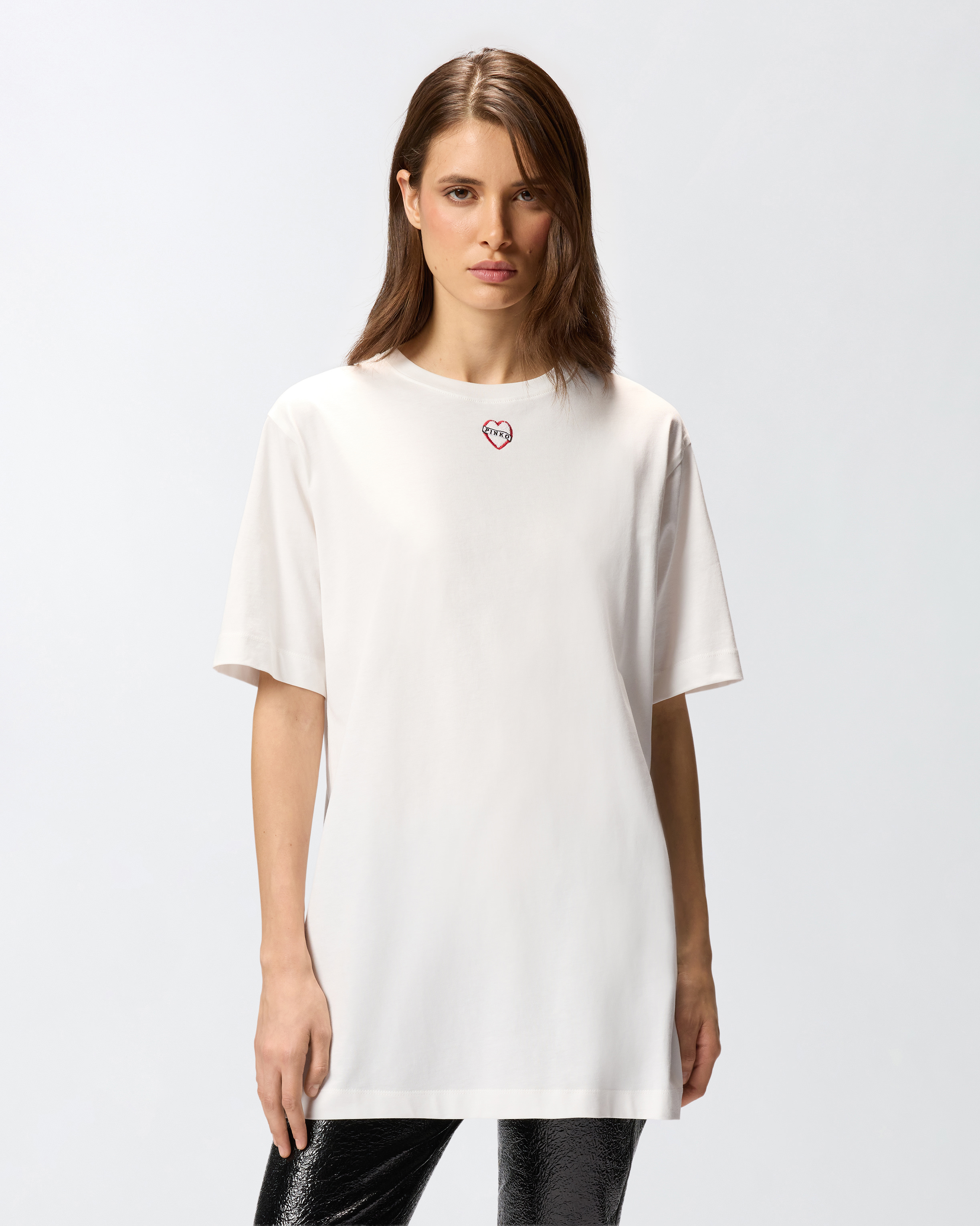 Oversized long T-shirt with print and embroidery - White - large | Pinko 