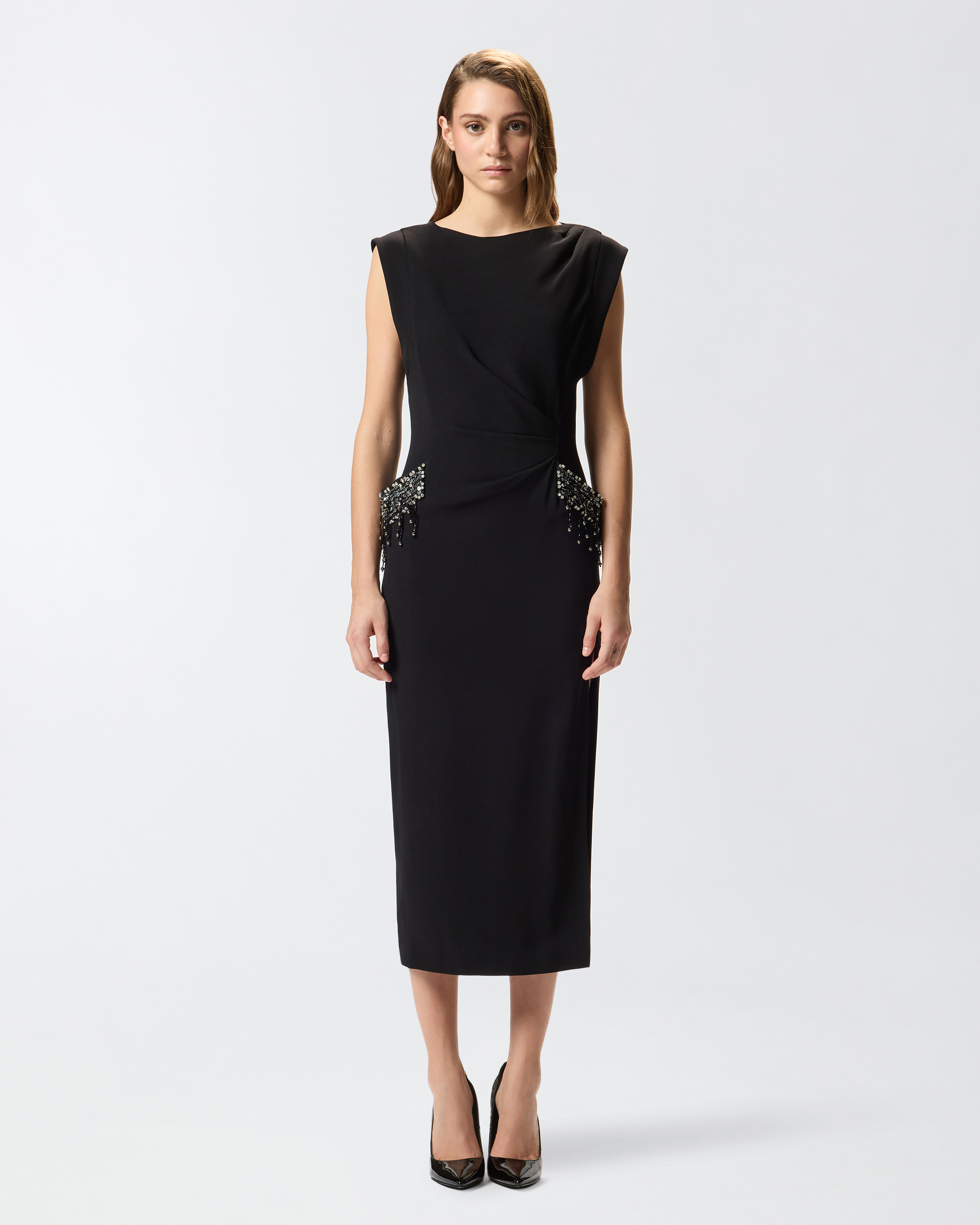 Pinko Midi Sleeveless Dress With Side Split And Sequins In Black