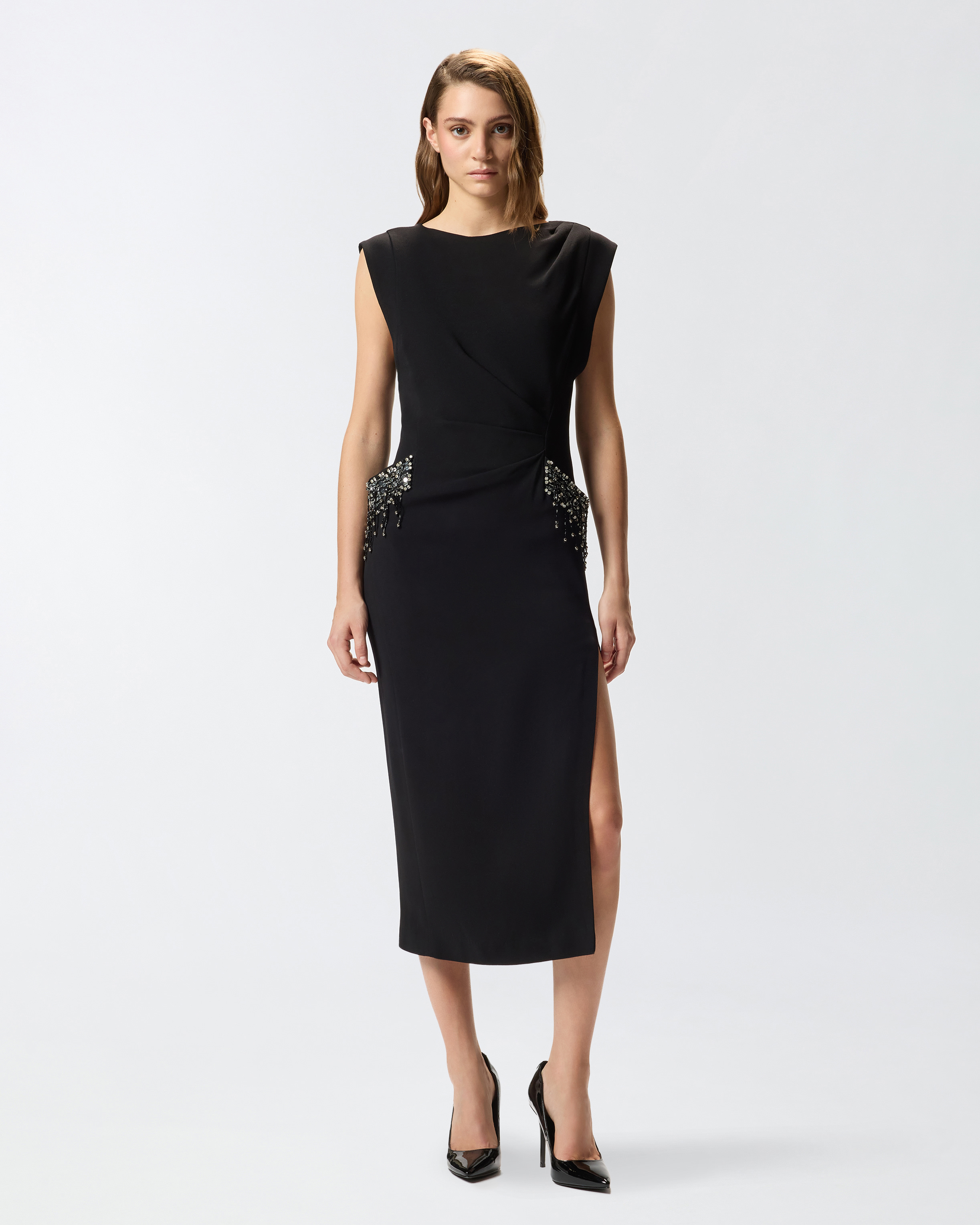 Pinko Midi Sleeveless Dress With Side Split And Sequins In Black