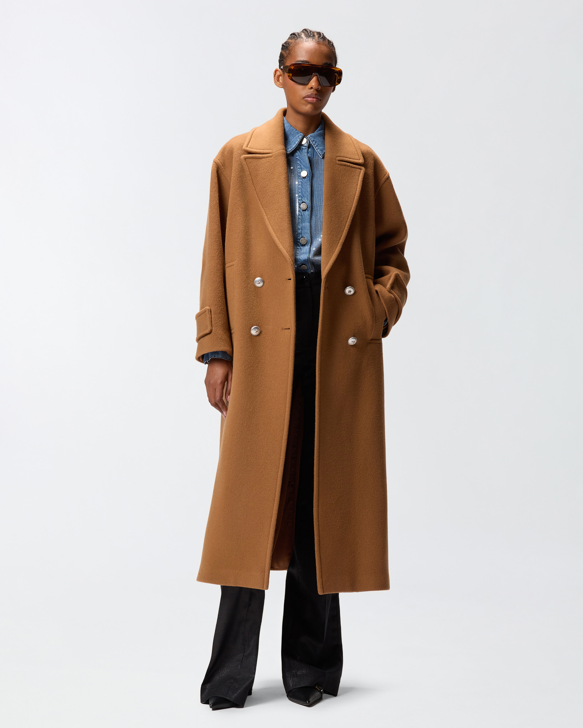 Pinko Long Double-breasted Wool-blend Cloth Coat In Brown