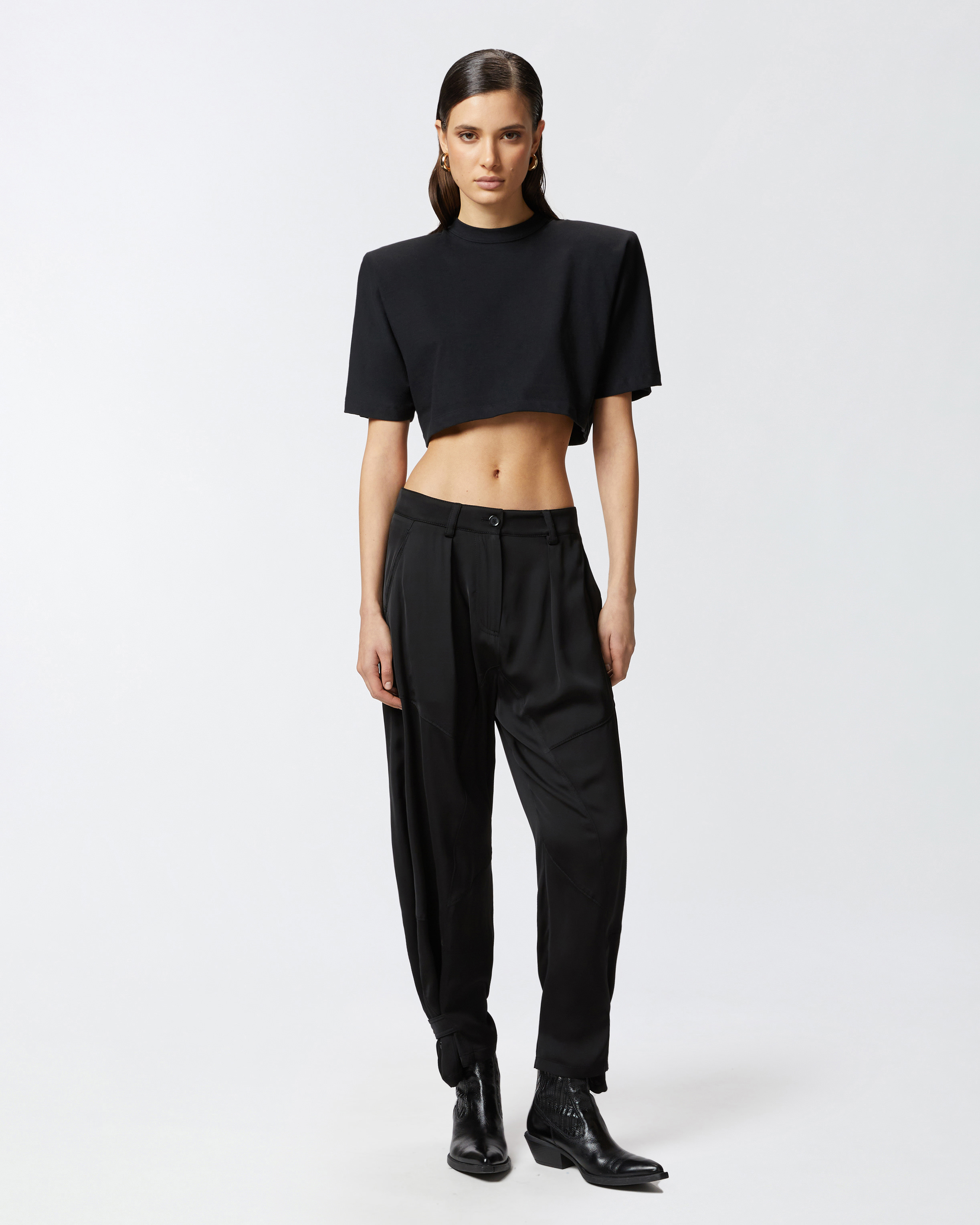 Pinko P-pants Trousers In Matte Satin With Button At The Hem In Limo Black
