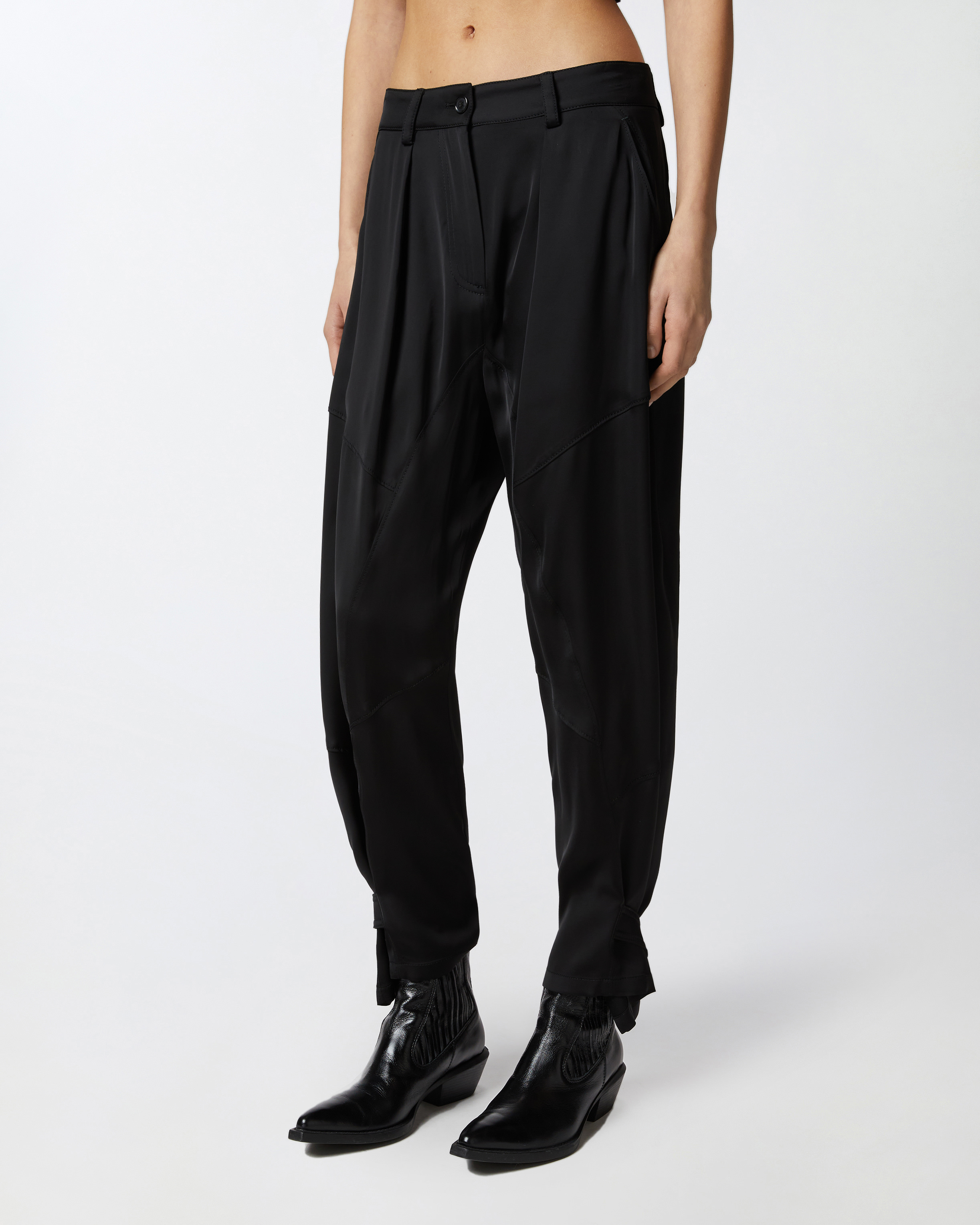 Pinko P-pants Trousers In Matte Satin With Button At The Hem In Limo Black