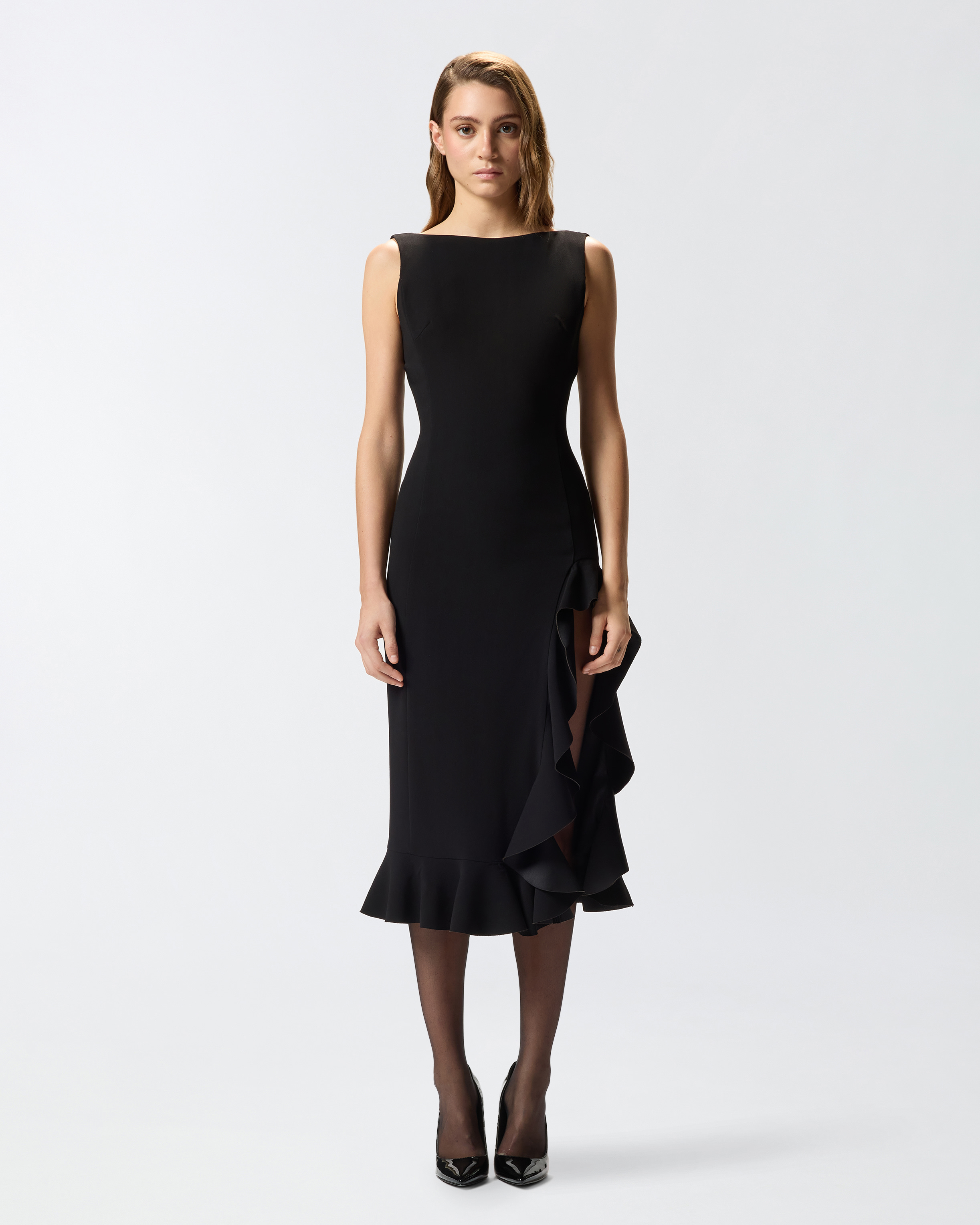 Pinko Midi Dress With Ruffle Detail And Fitted Silhouette In Black