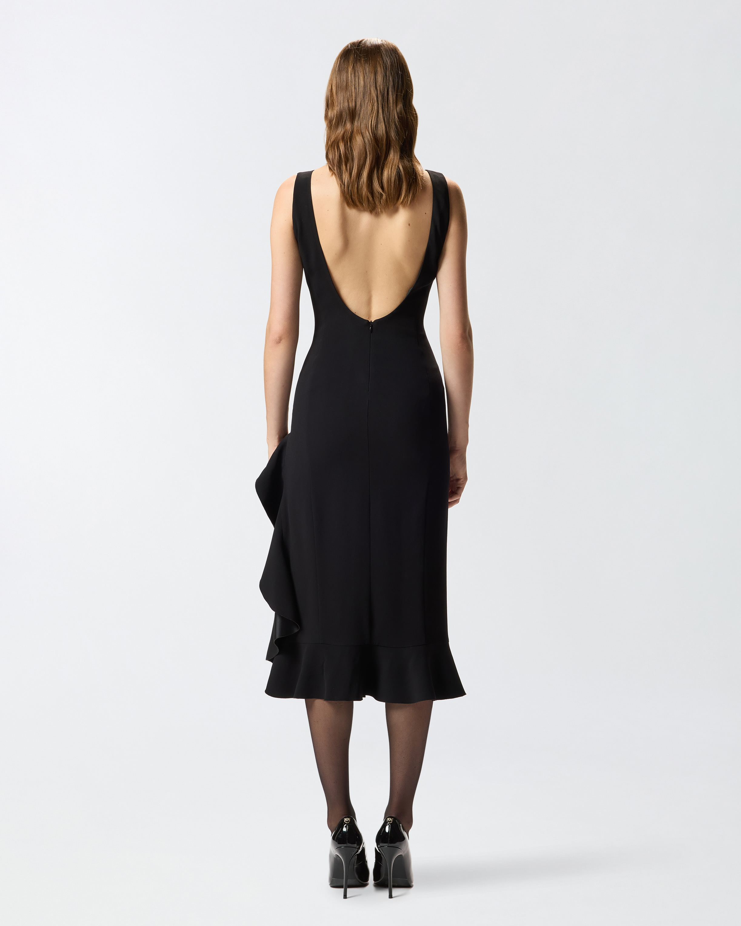 Pinko Midi Dress With Ruffle Detail And Fitted Silhouette In Black