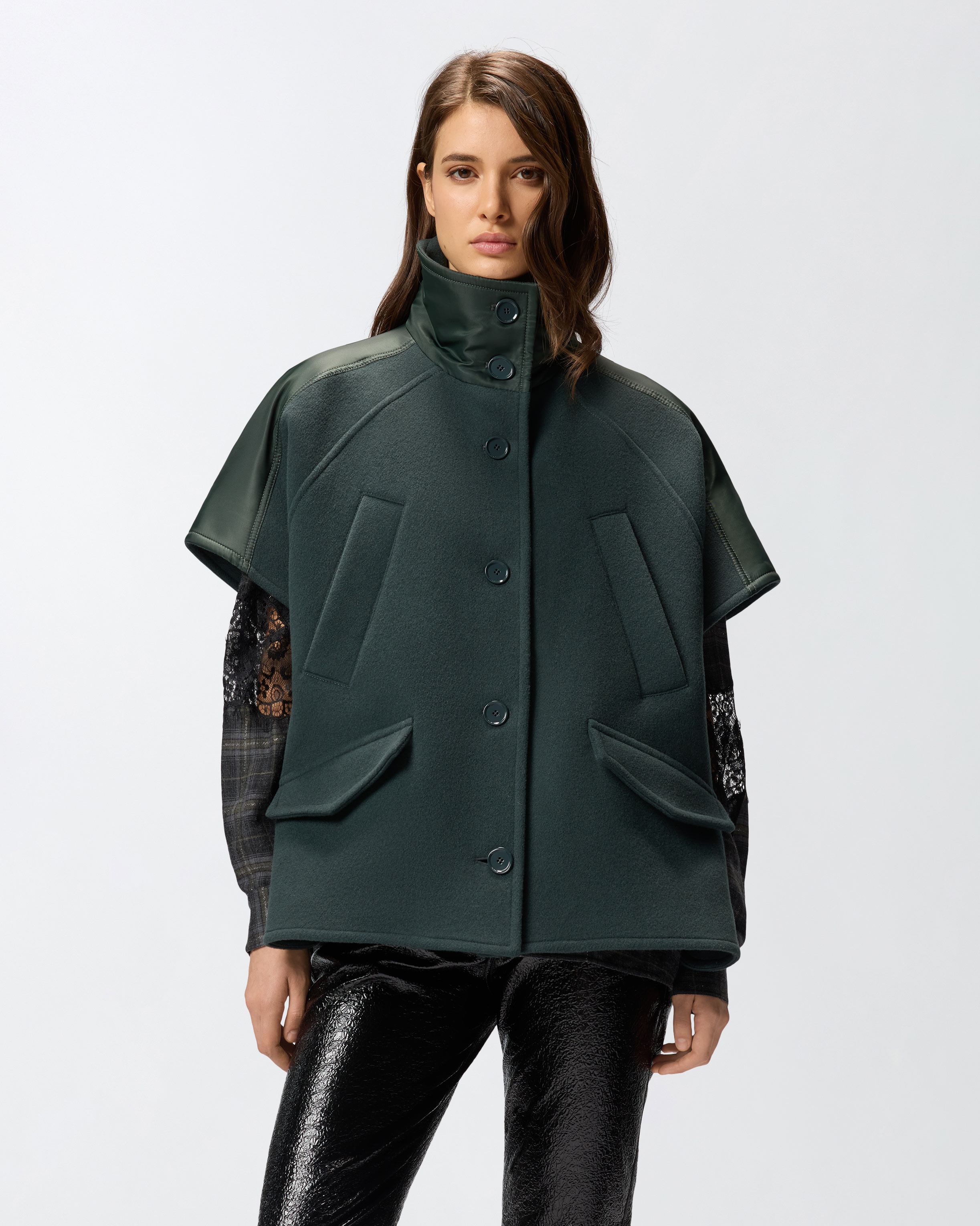 Кейп из драпа с высоким воротником - ЗЕЛЕНЫЙ - large | Pinko 