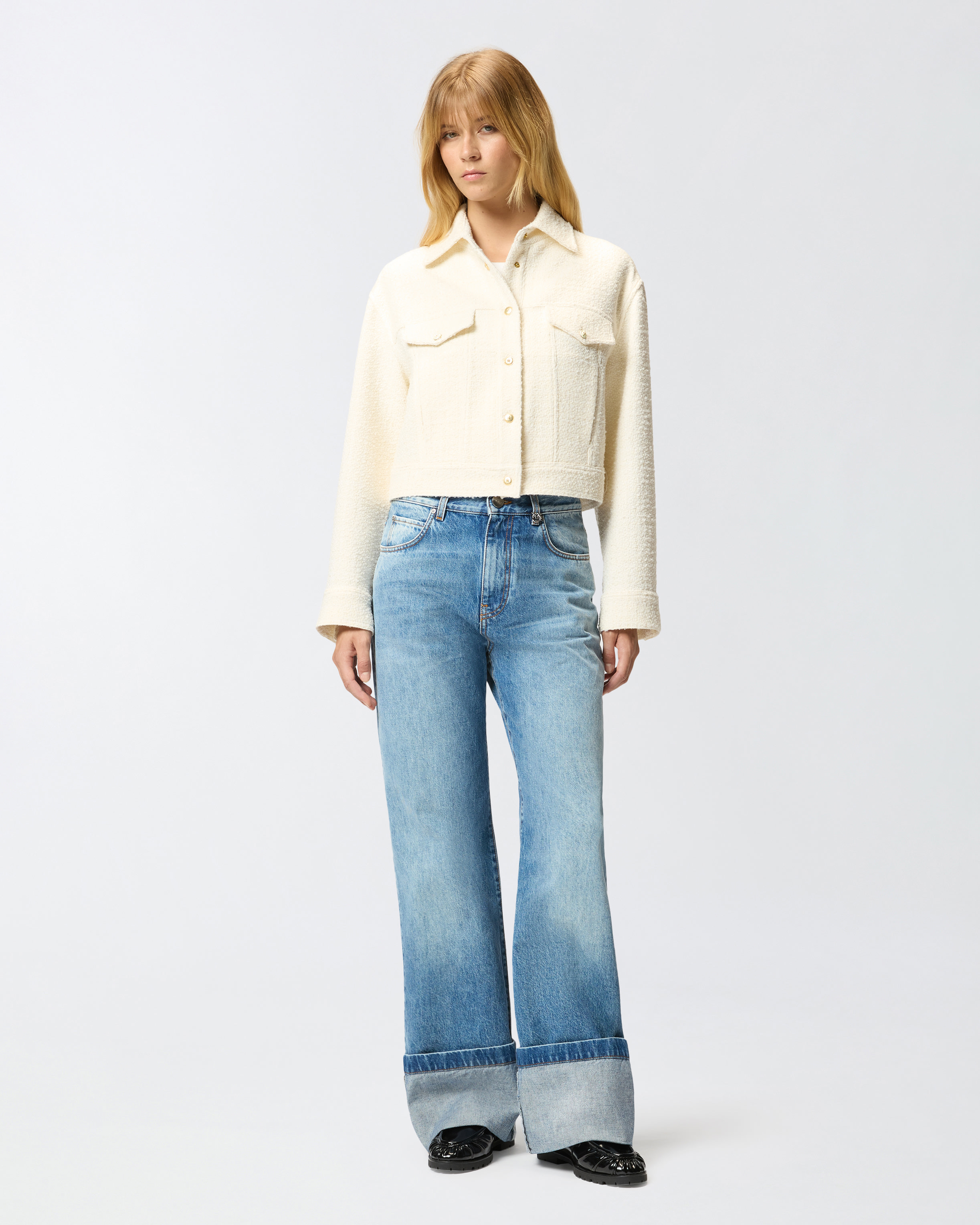 Pinko Textured Tweed Jacket With Golden Buttons In White