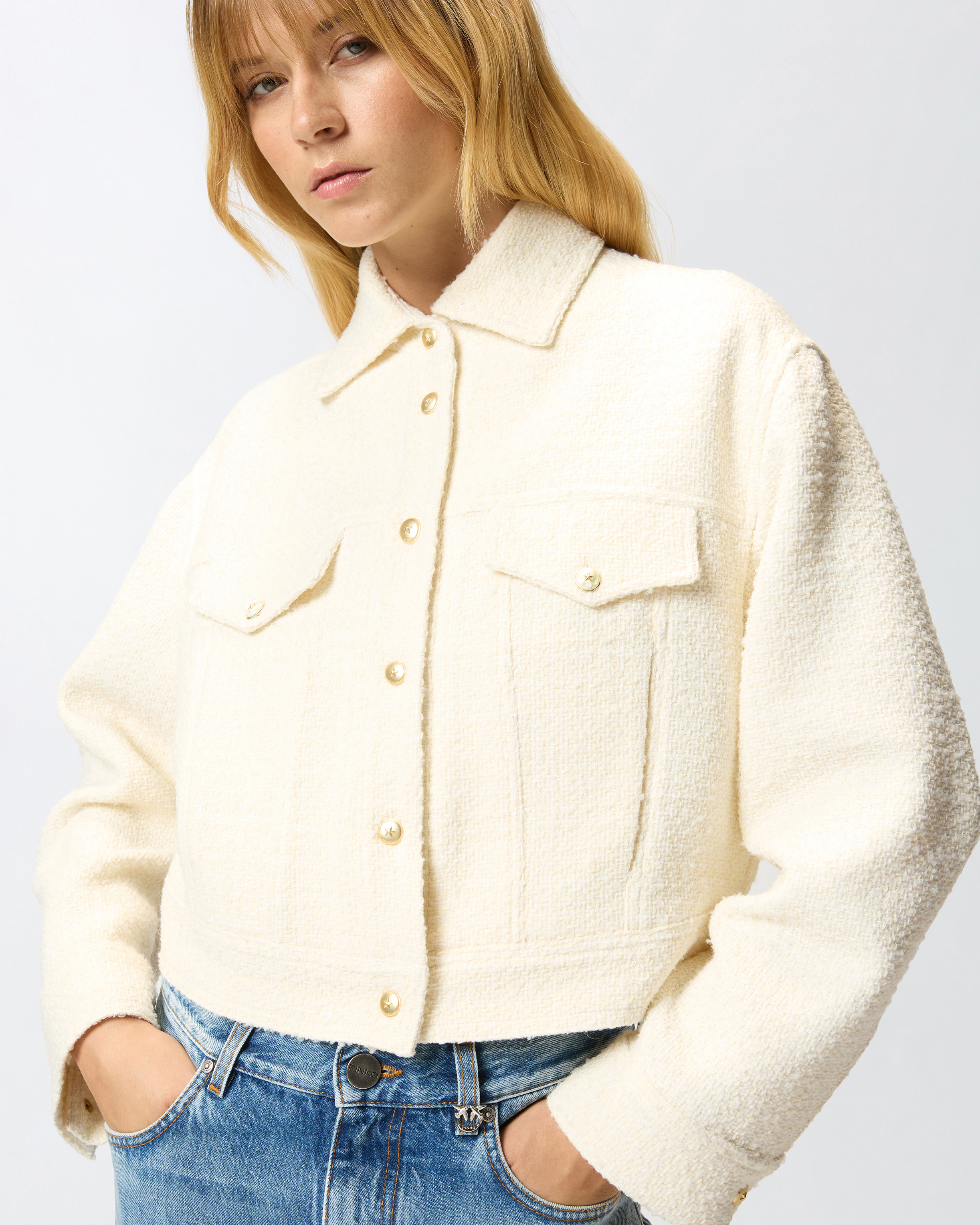 Pinko Textured Tweed Jacket With Golden Buttons In White