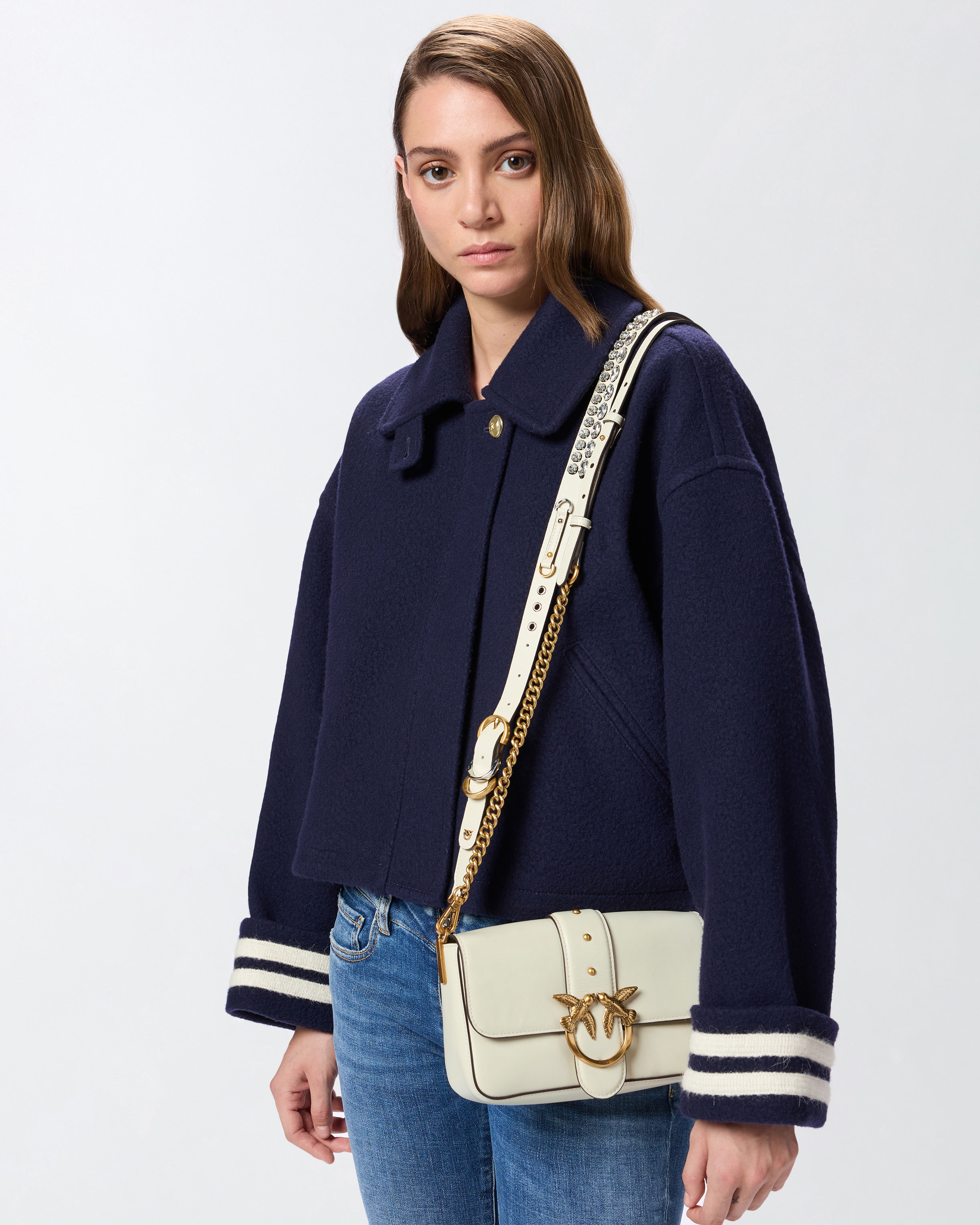 Kleine Schultertasche Mini Love Bag Slouchy aus Leder mit doppeltem Schulterriemen - Weiß - large