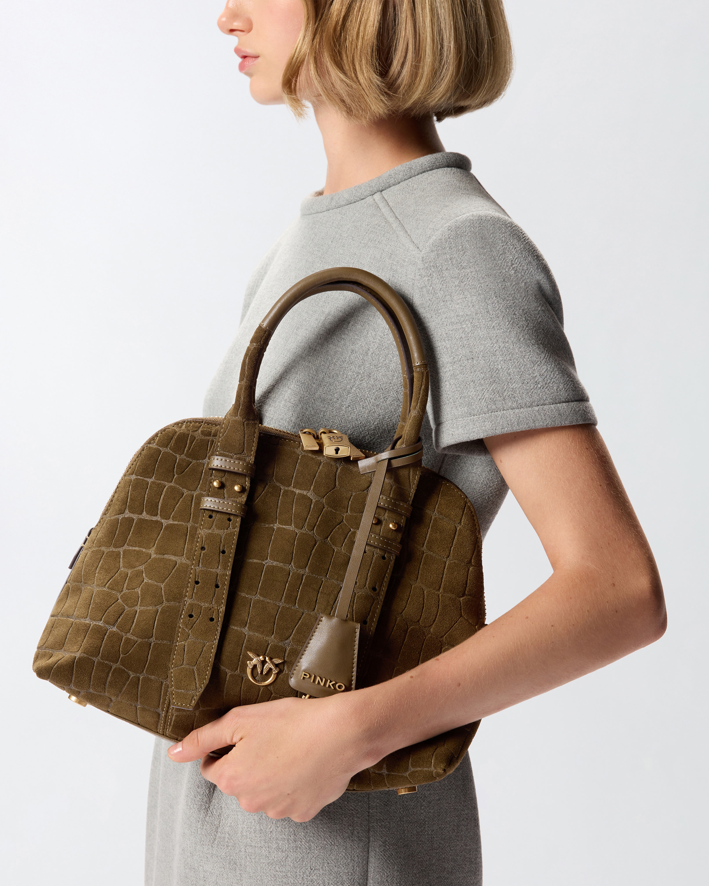 Pinko Escape Bag Small Handbag In Crocodile-print Leather In Brown