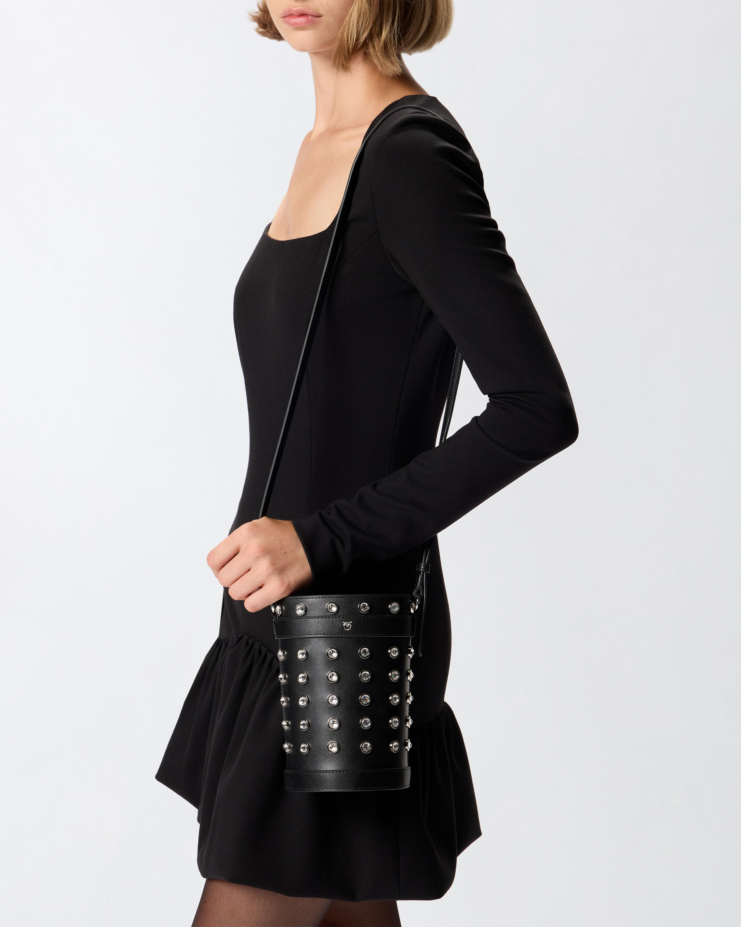 Pinko Small Leather Bucket Bag With Rhinestones