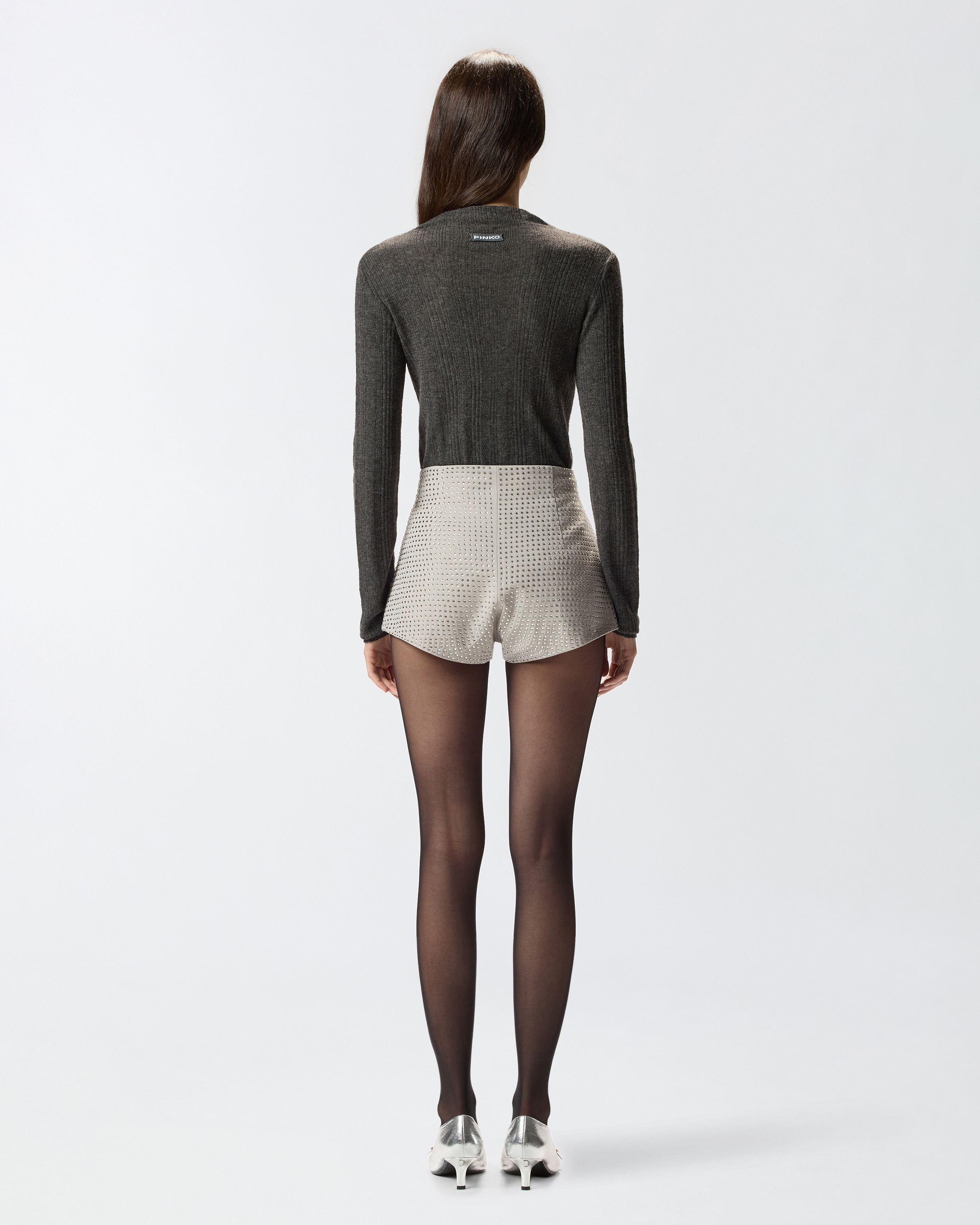 Pinko Fully Rhinestoned High-waist Shorts In Gray