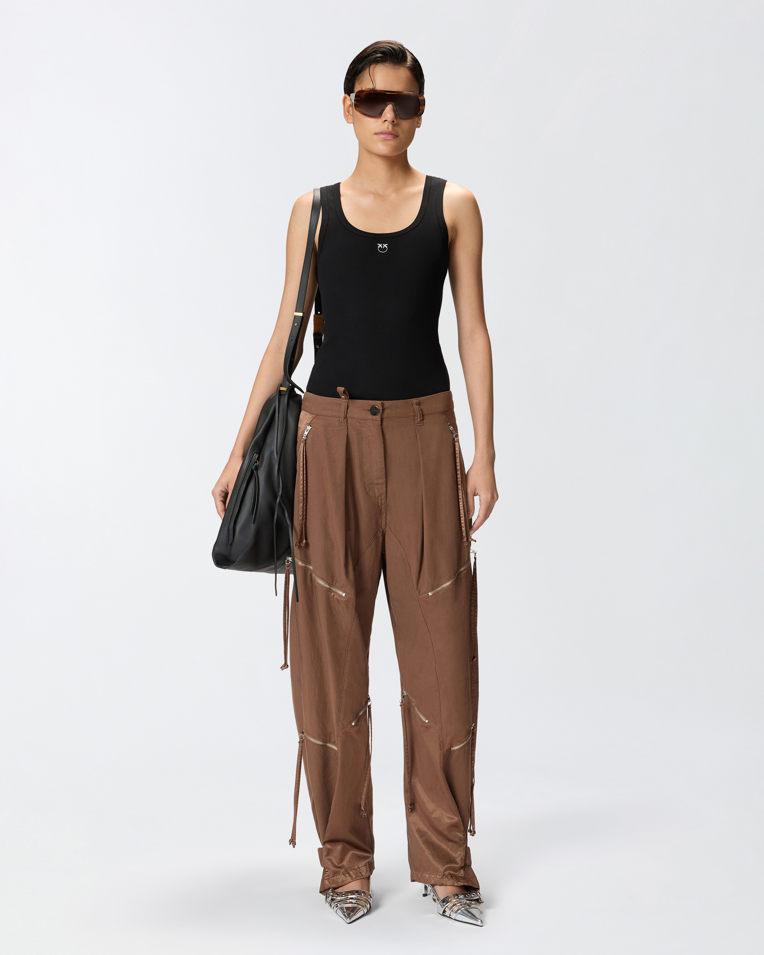 Pinko P-pants In Gabardine And Satin With Zip In Marrone - Tec