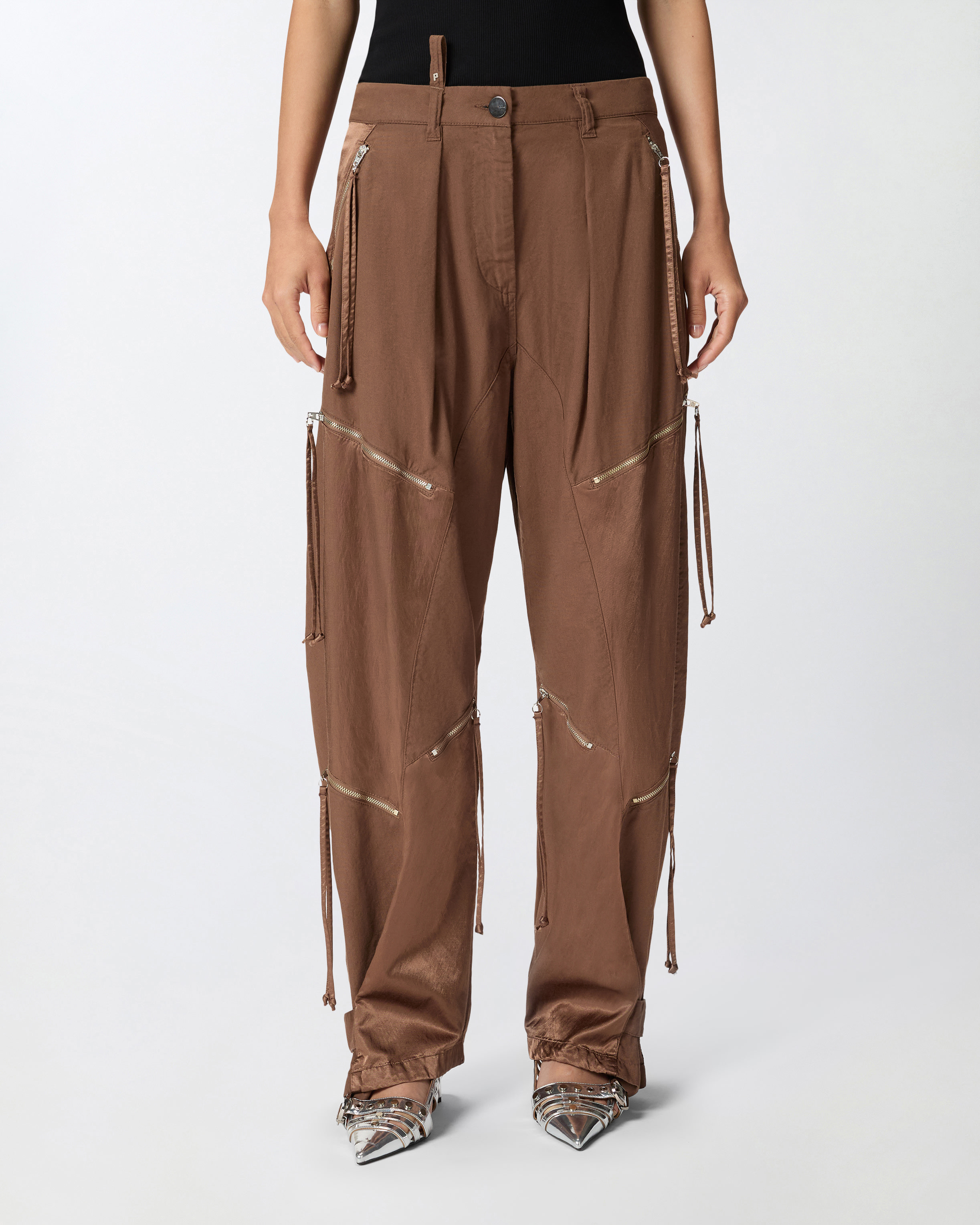 Pinko P-pants In Gabardine And Satin With Zip In Marrone - Tec