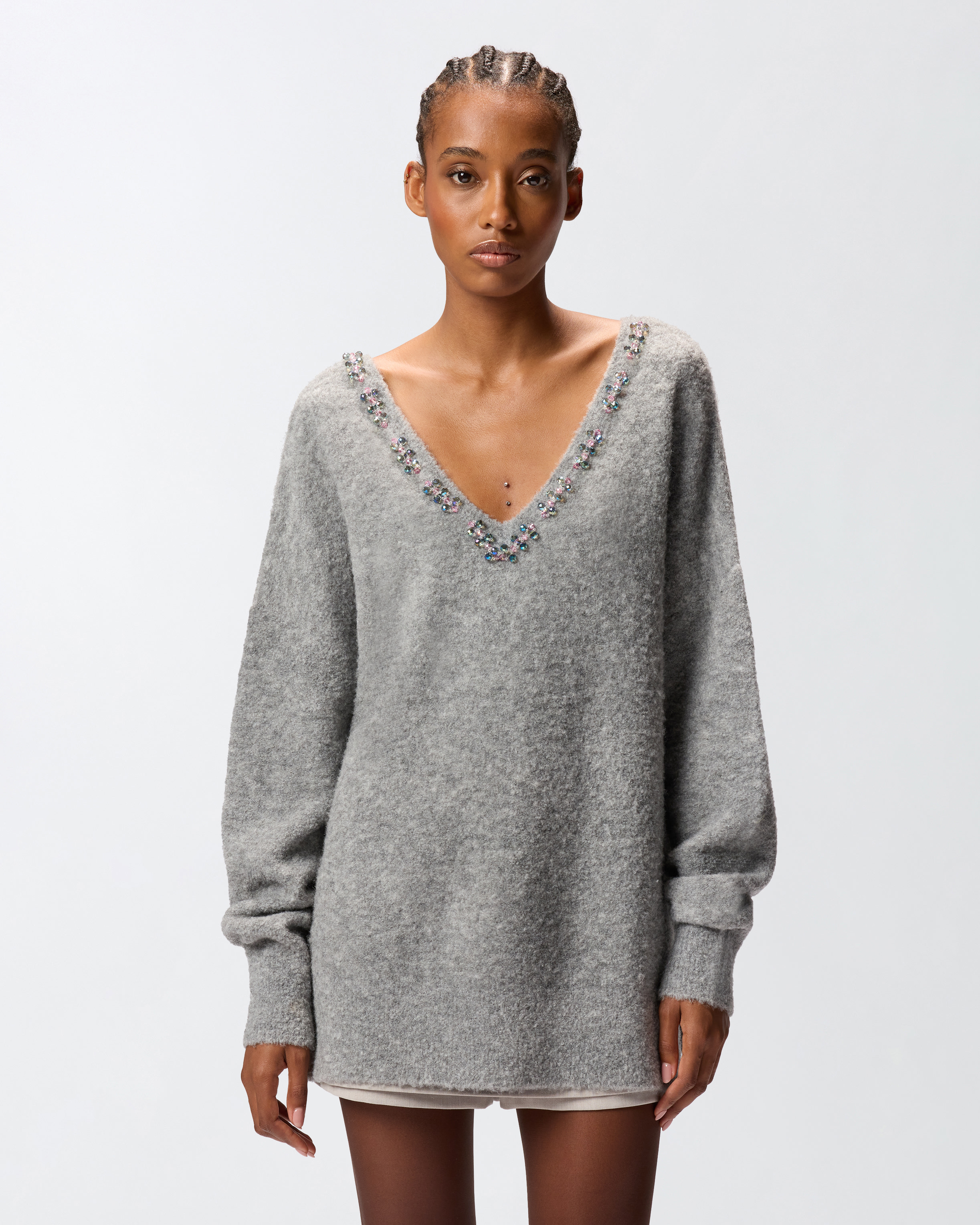 Pinko Comfort Wool Sweater With Embroidery On The Neckline In Gray