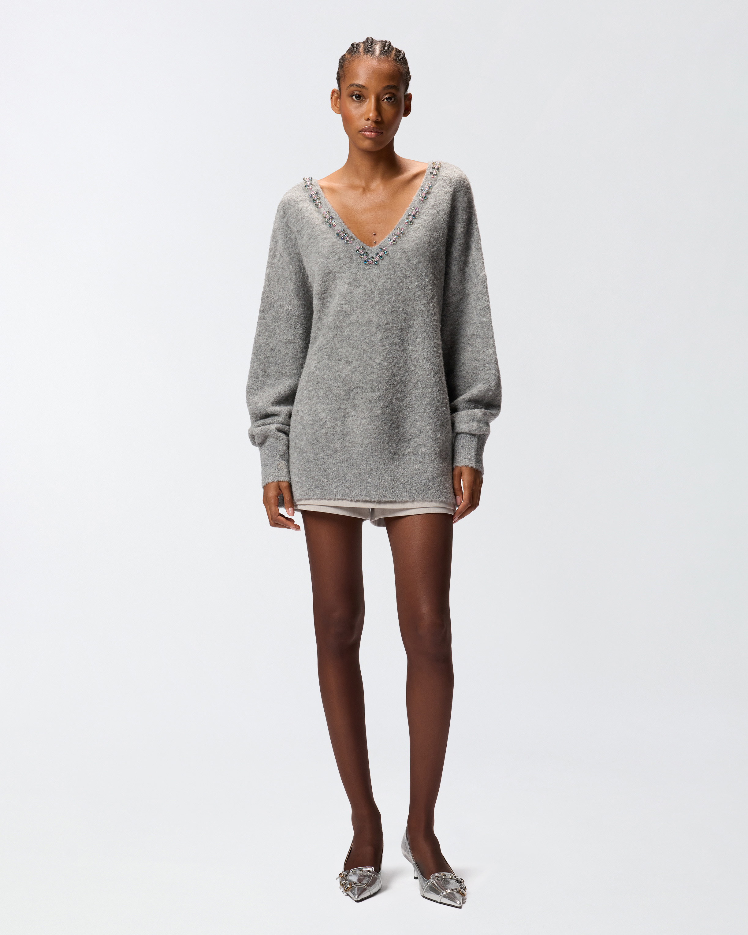 Pinko Comfort Wool Sweater With Embroidery On The Neckline In Gray