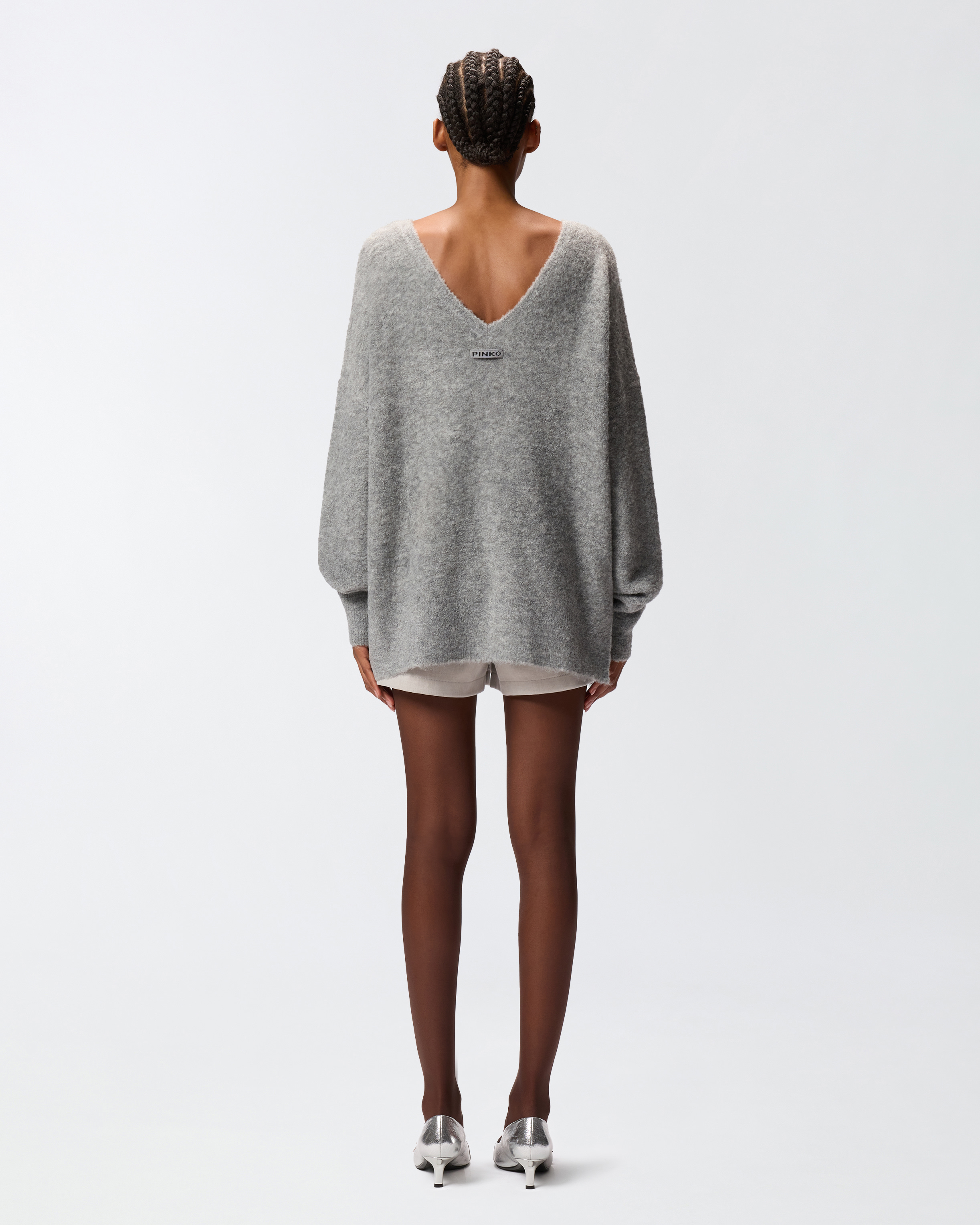 Pinko Comfort Wool Sweater With Embroidery On The Neckline In Gray
