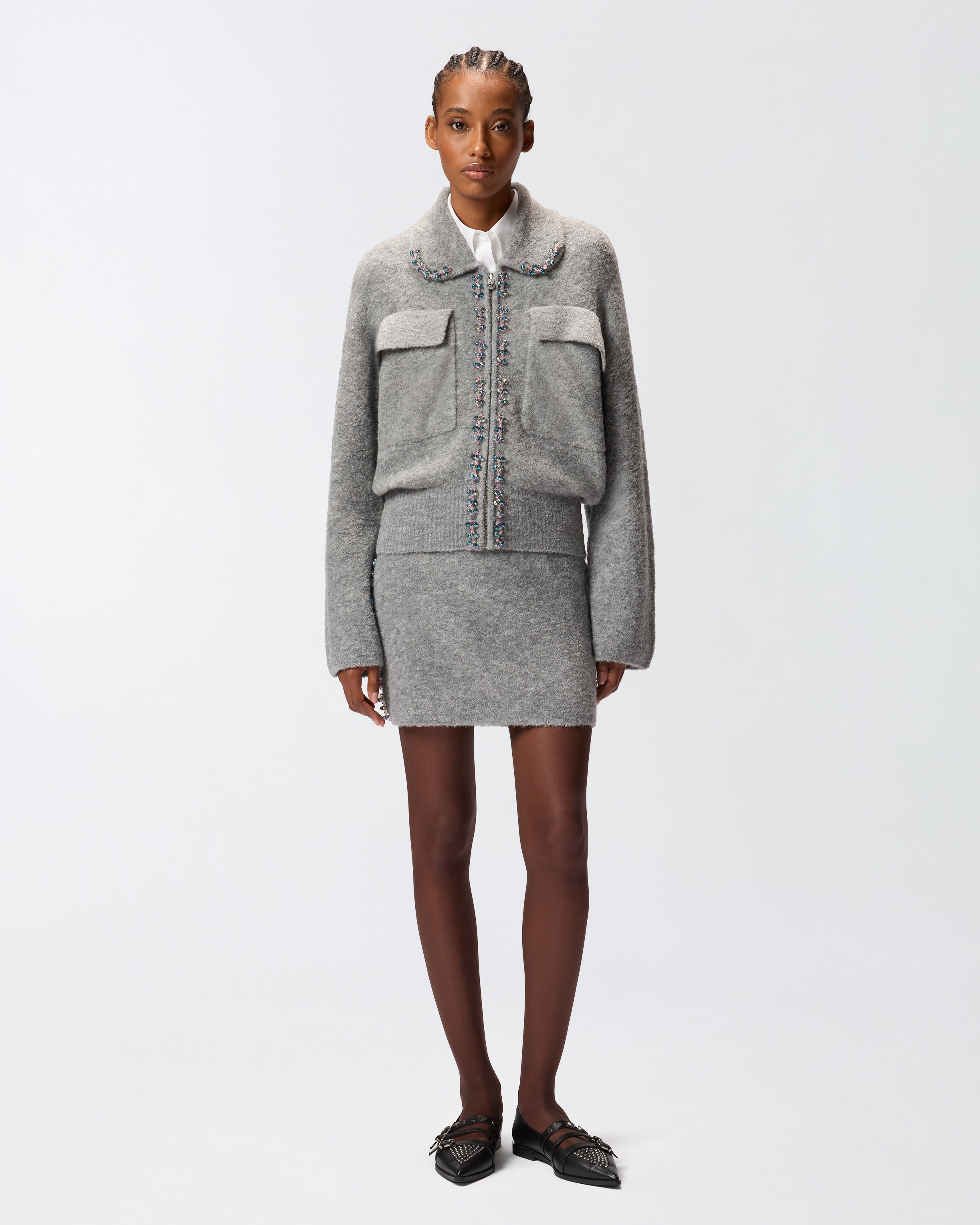 Veste en laine mélangée avec broderie bijou 1