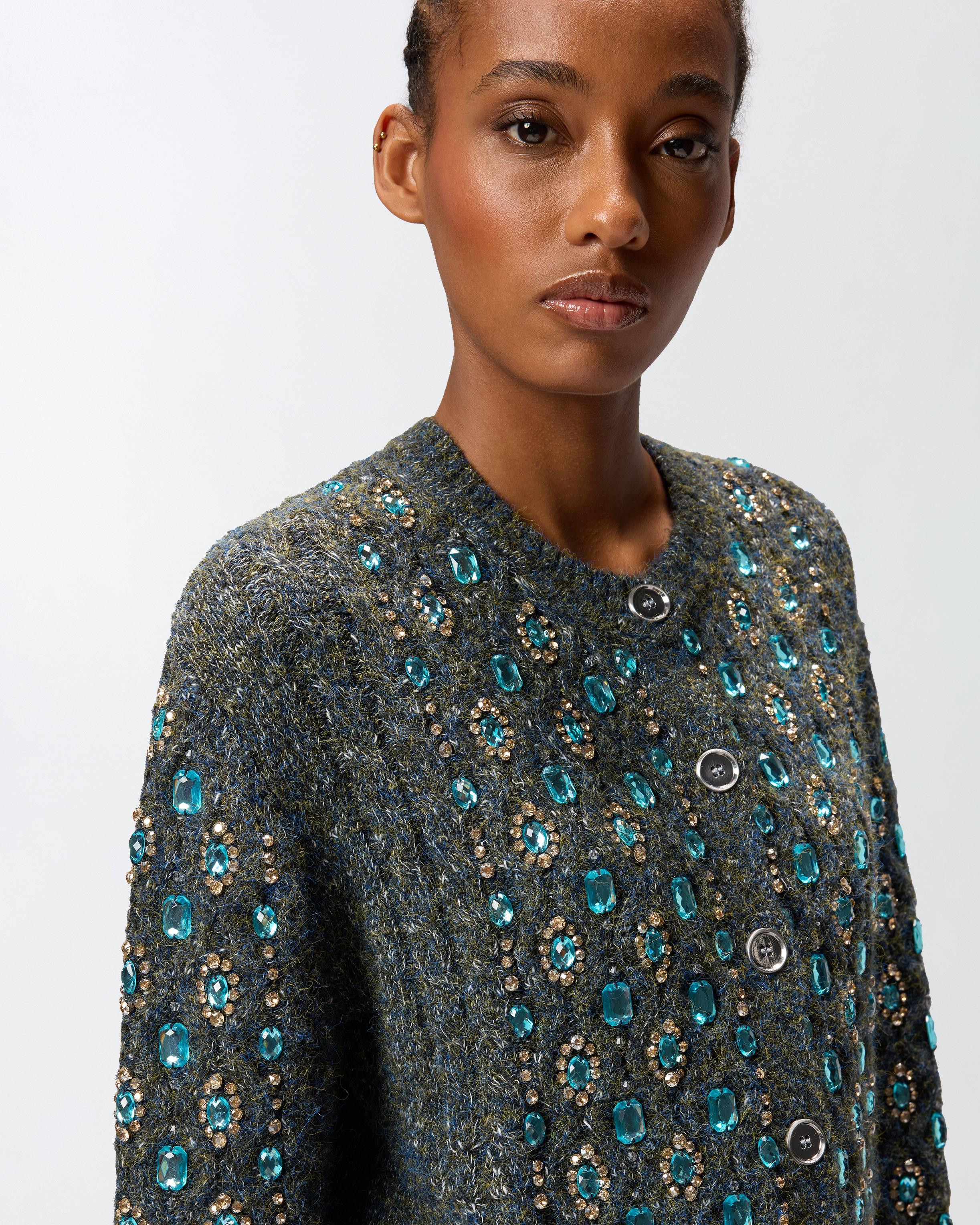 Pinko Knitted Muline Cardigan With Jewel Applications In Multi