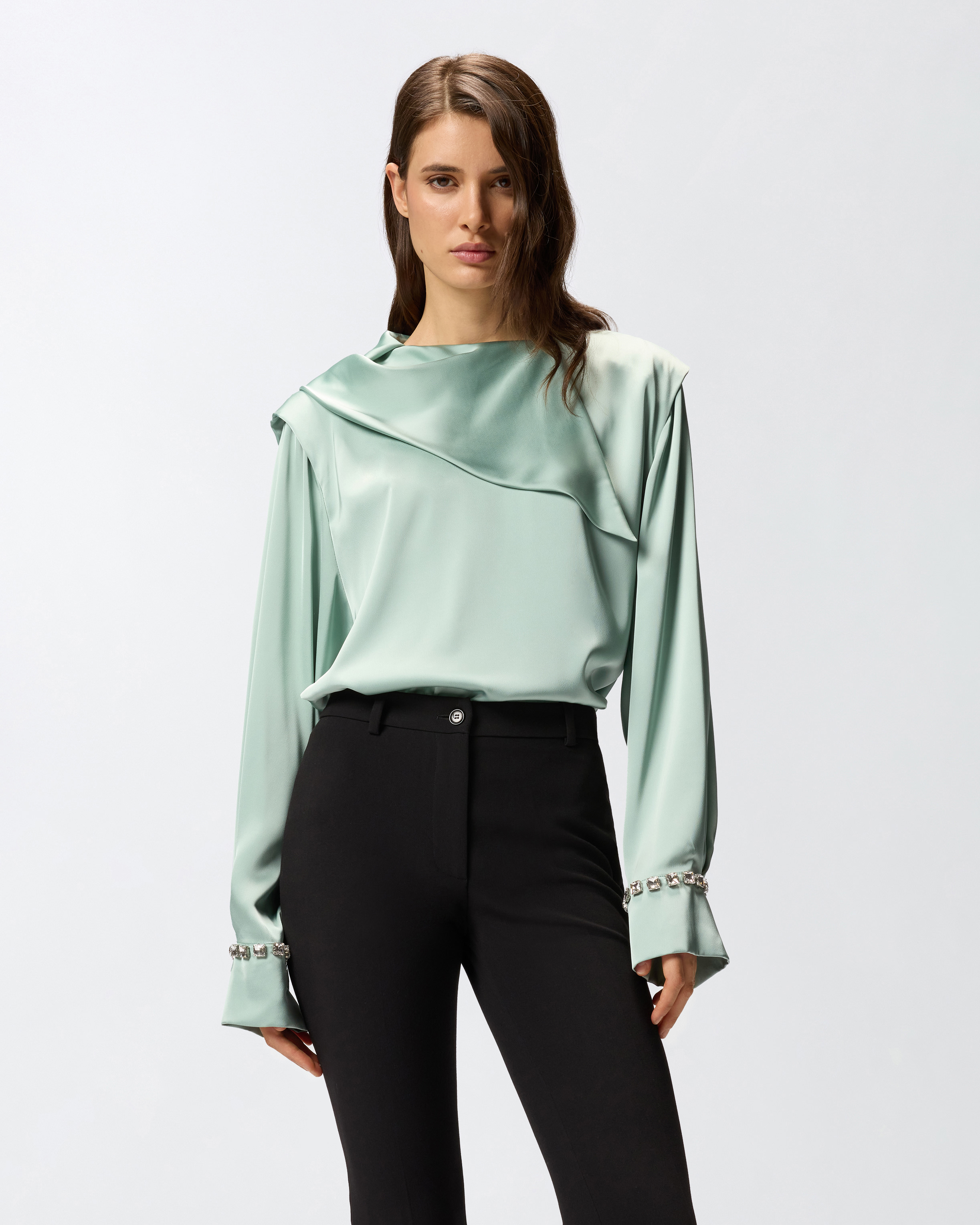 Blouse with draped collar and jewel details - Grey - large | Pinko 