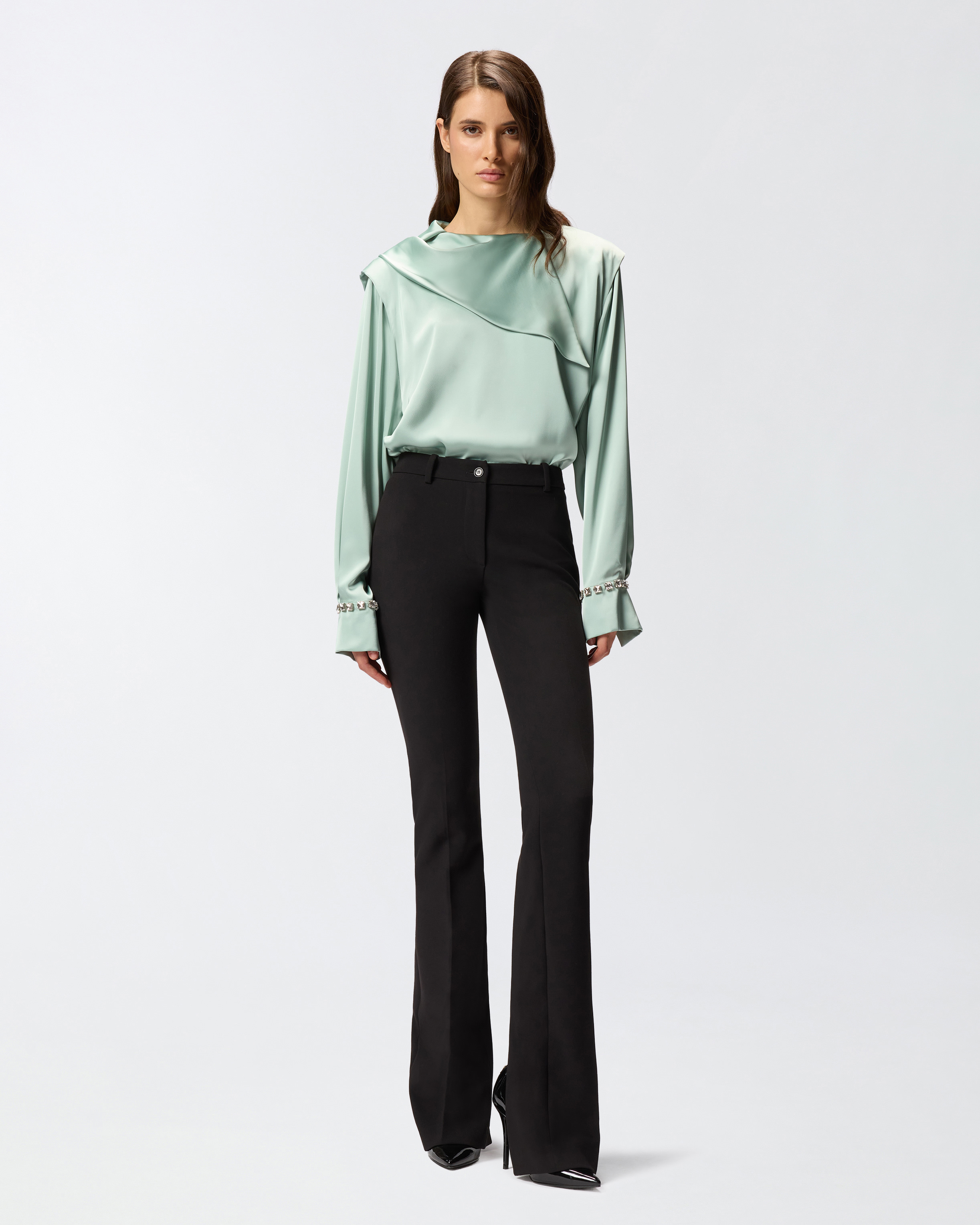 Blouse with draped collar and jewel details 1