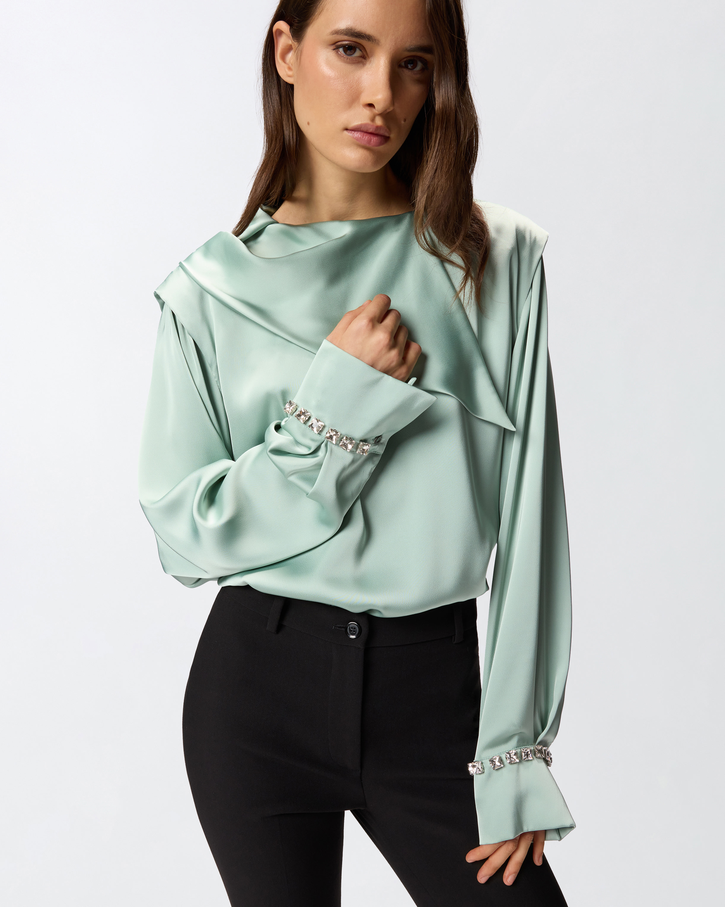 Blouse with draped collar and jewel details 3