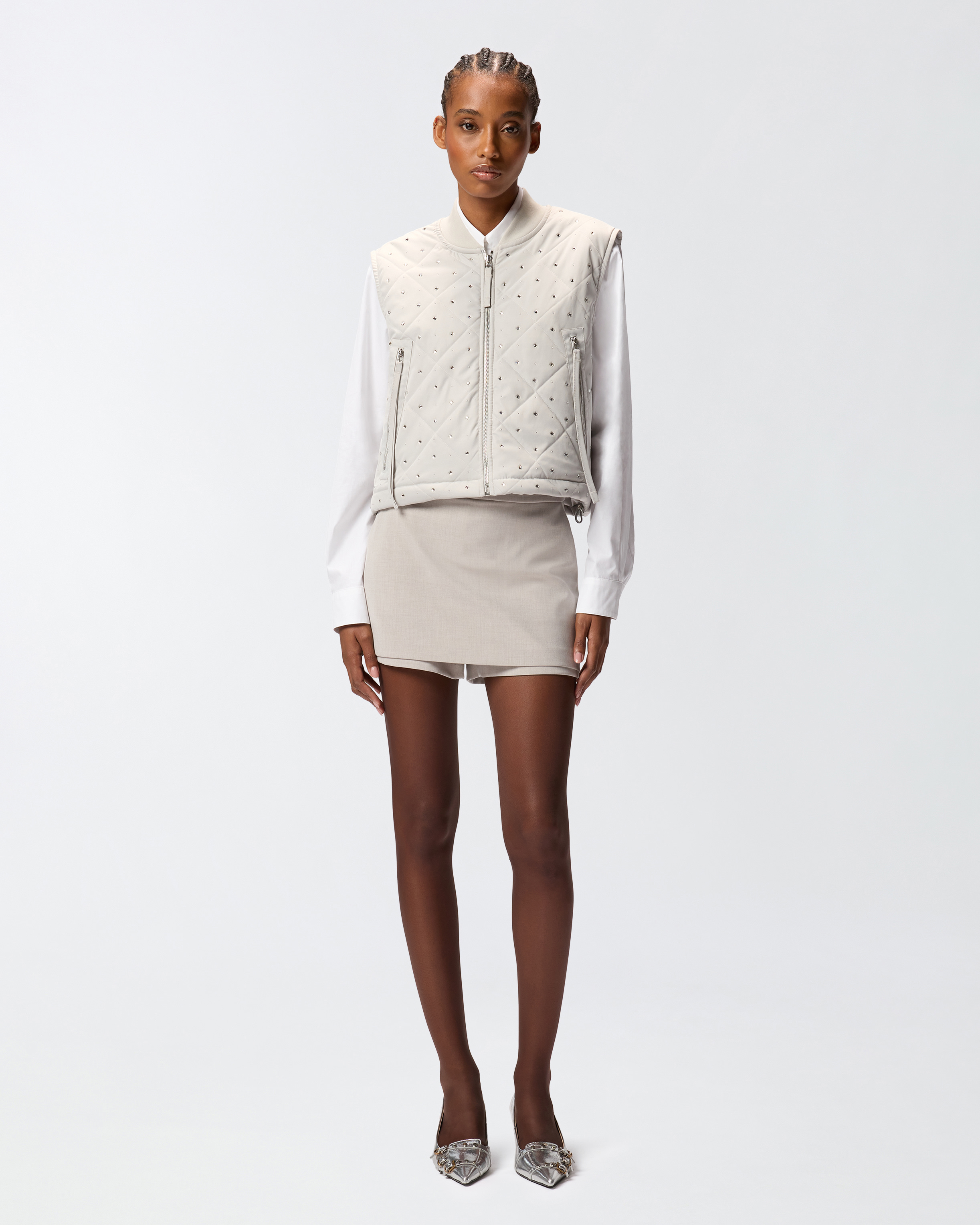 Pinko Cropped Gray Quilted Vest With Structured Silhouette In White
