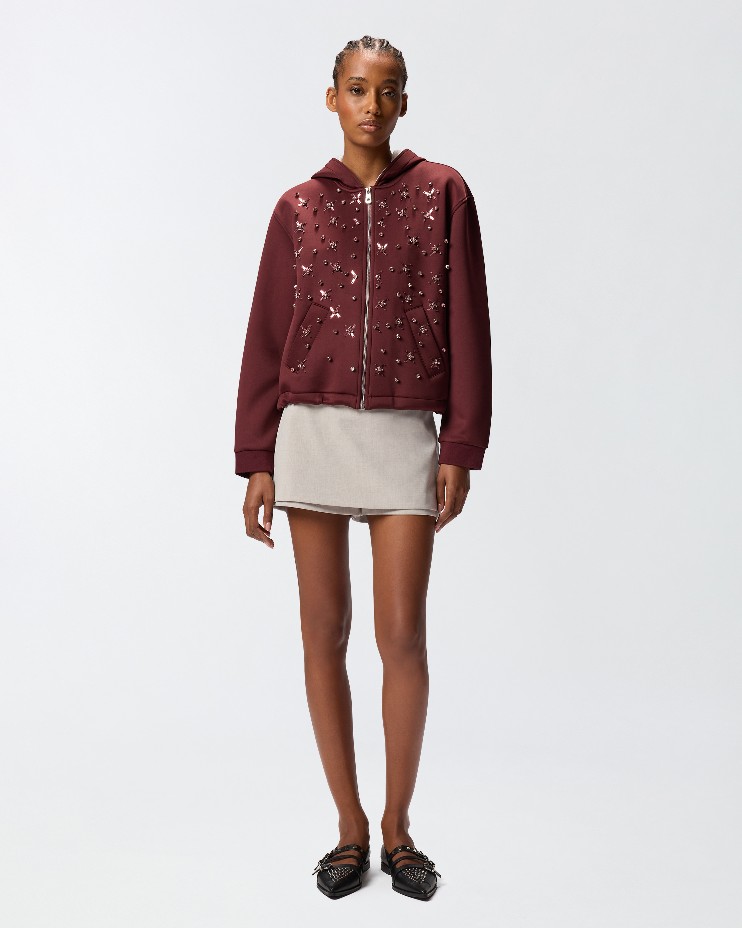 Neoprene-effect sweatshirt jacket with jewel embroidery 1