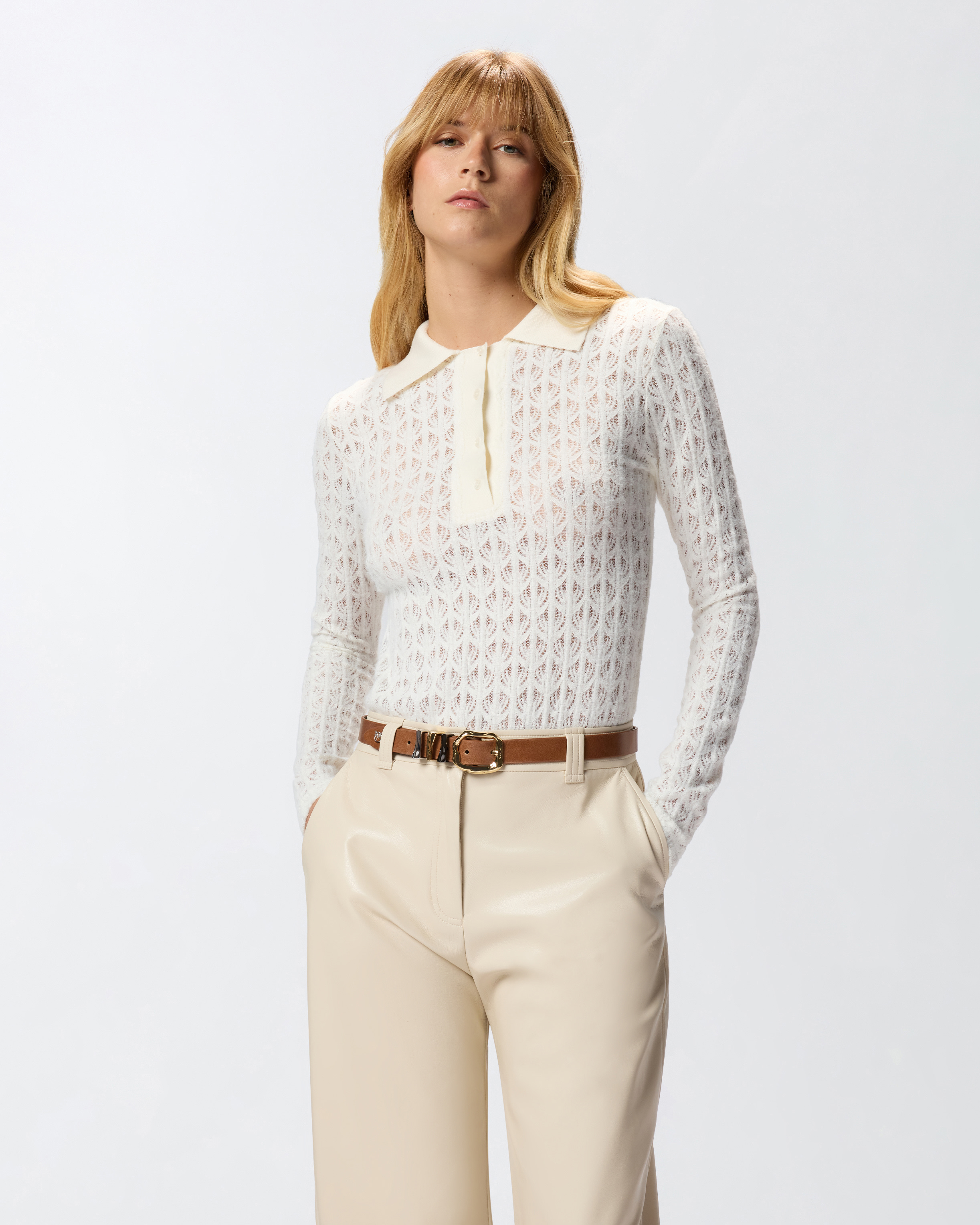 Pinko Intricate Lace Panel Bodysuit With Polo Collar In White