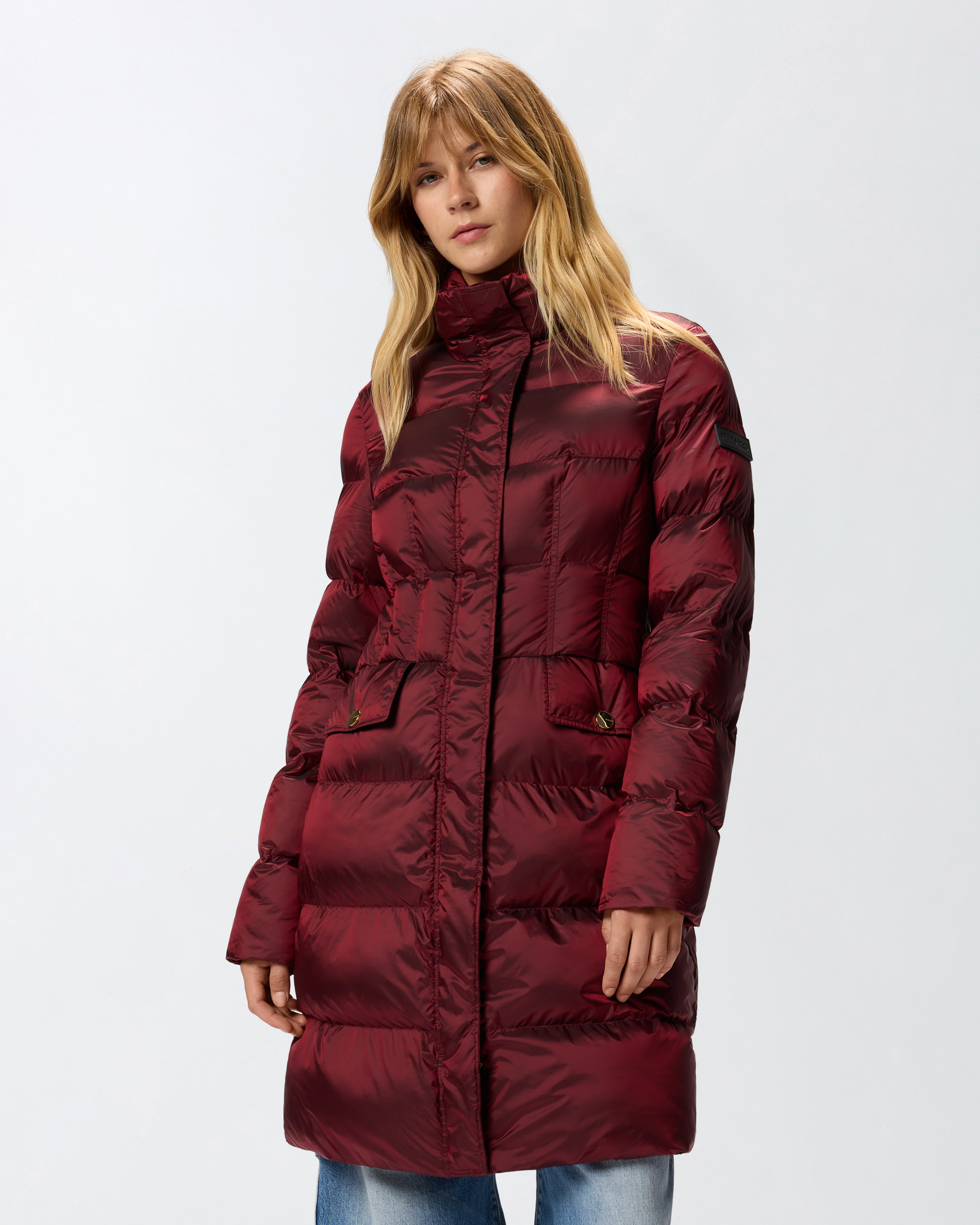 Pinko Long Canvas Down Jacket In Burgundy
