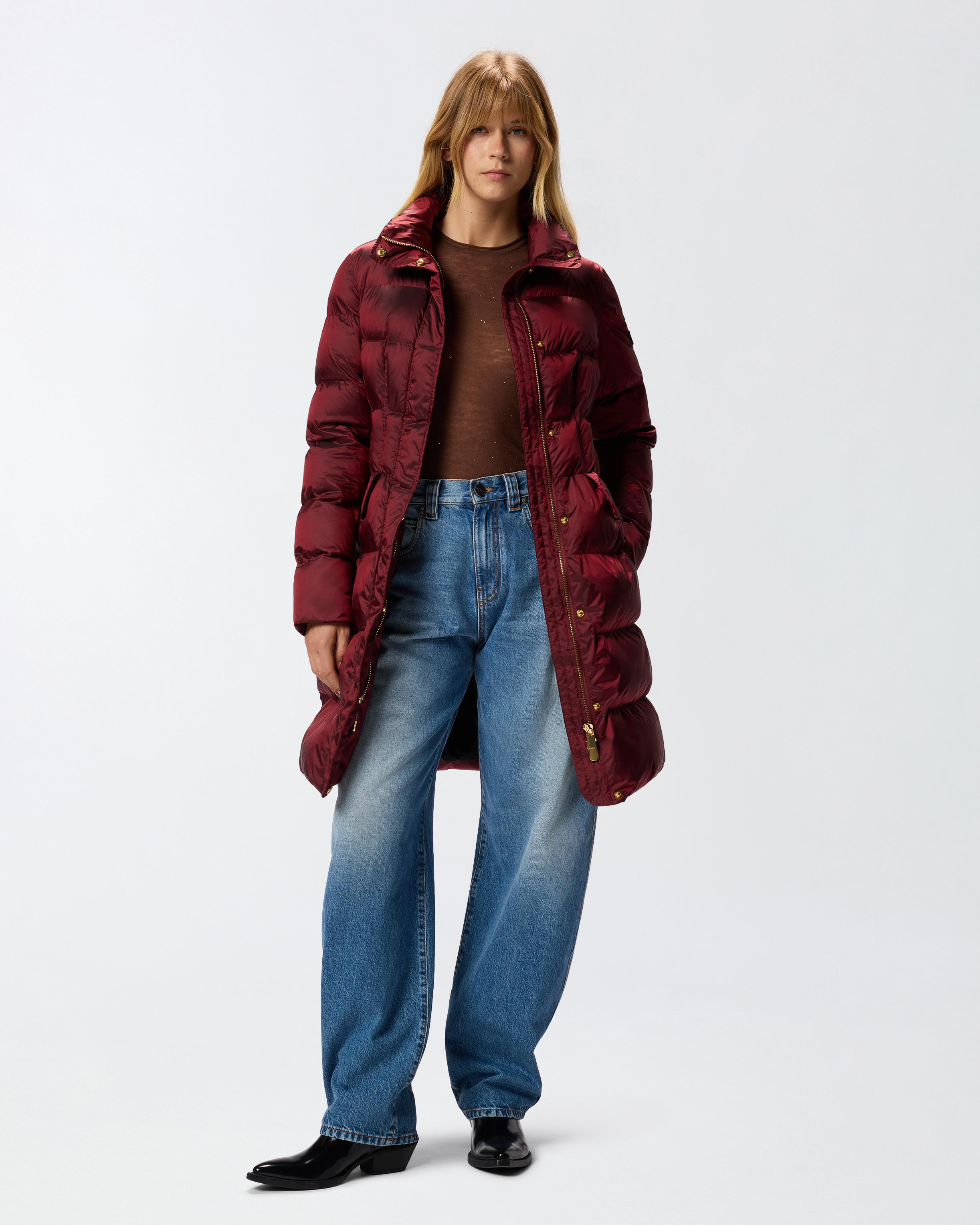 Pinko Long Canvas Down Jacket In Burgundy