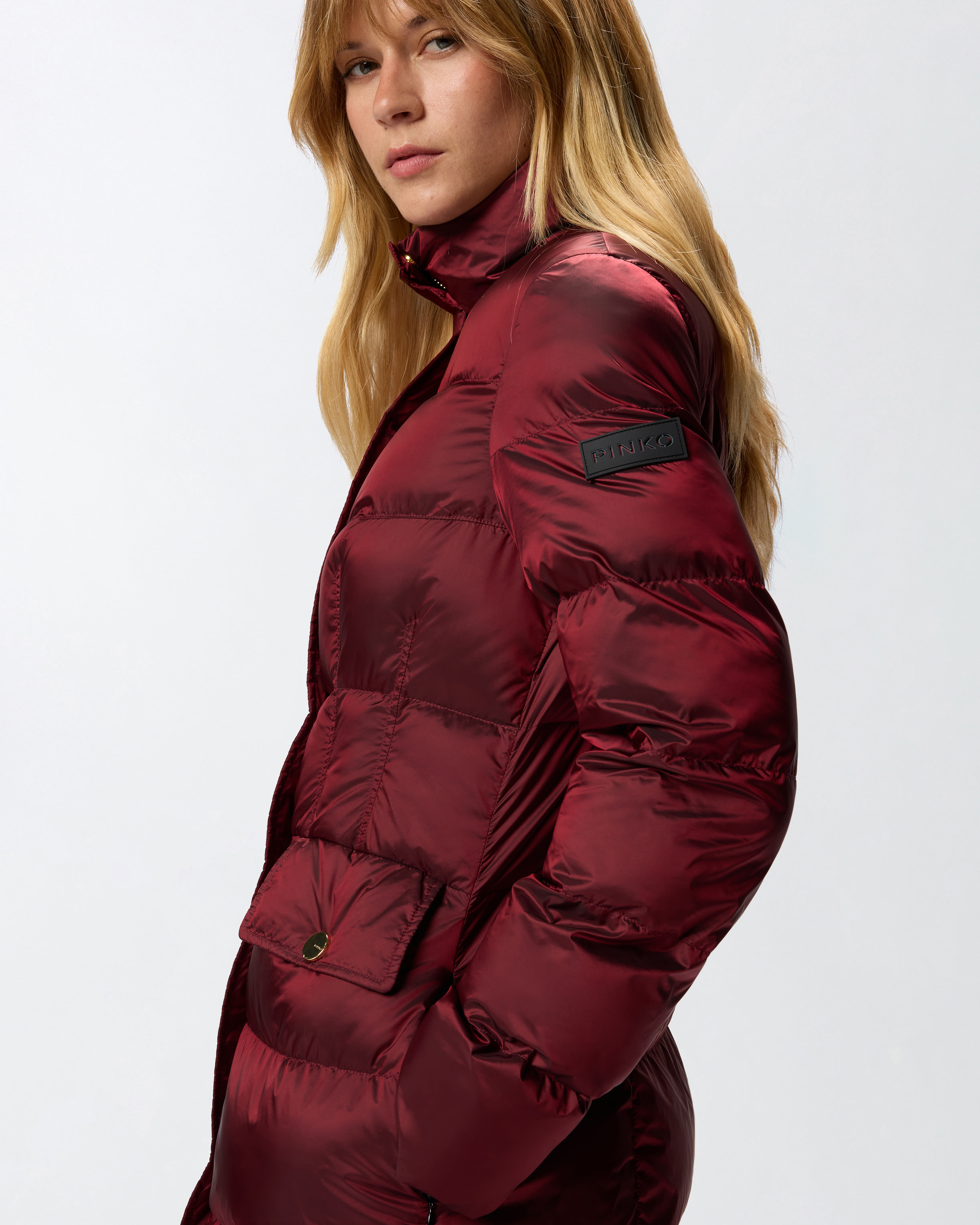 Pinko Long Canvas Down Jacket In Burgundy