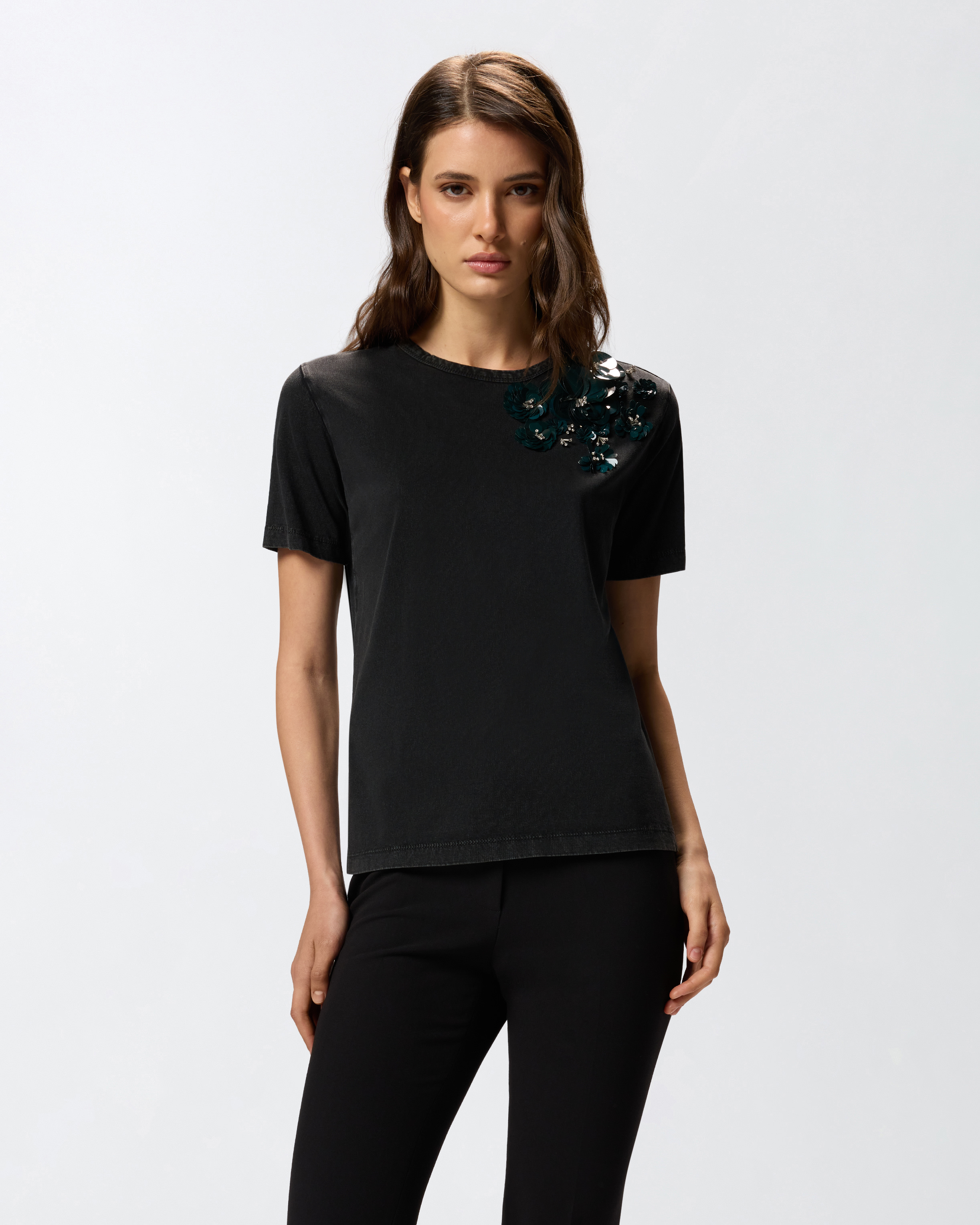 T-shirt with jewel flowers - Black - large | Pinko 