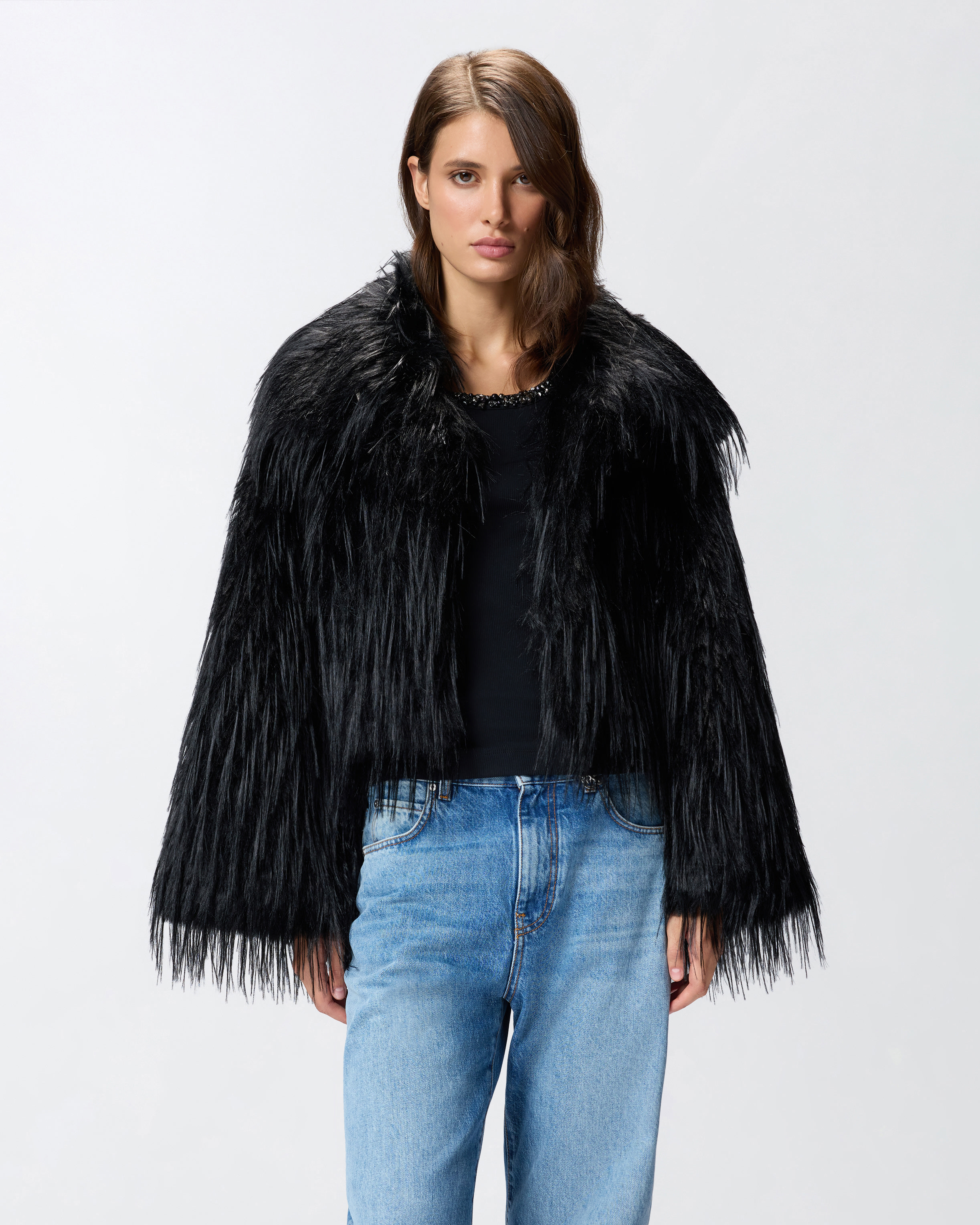 Pinko High-neck Faux-fur Jacket In Black