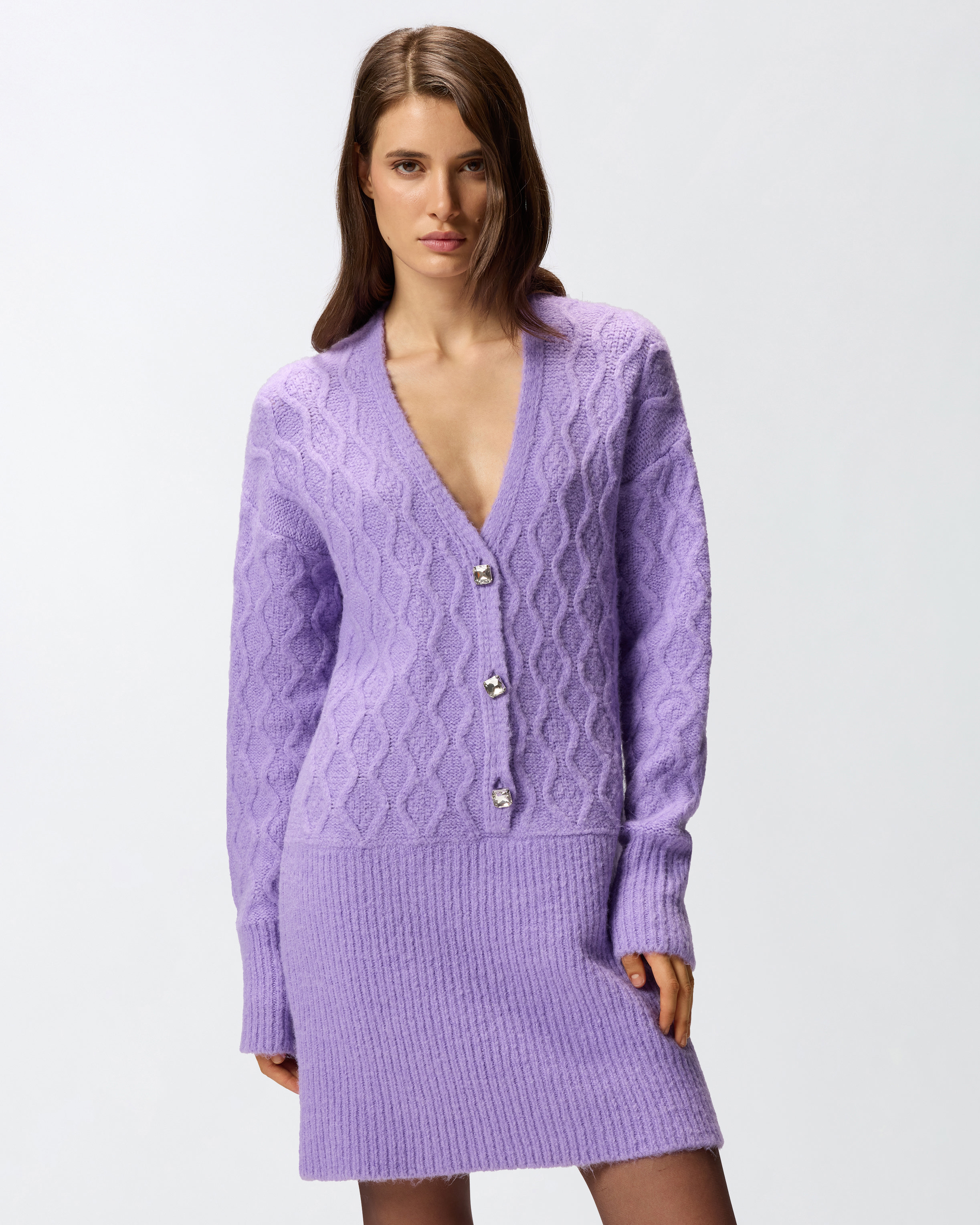 Pinko Knit Mini Dress With Cable Stitch And Jewel Buttons In Pink