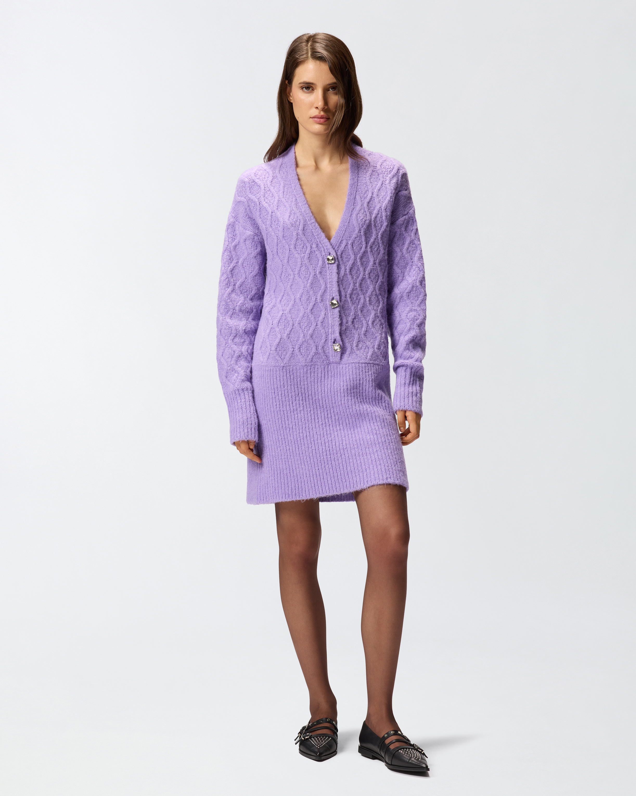 Pinko Knit Mini Dress With Cable Stitch And Jewel Buttons In Pink