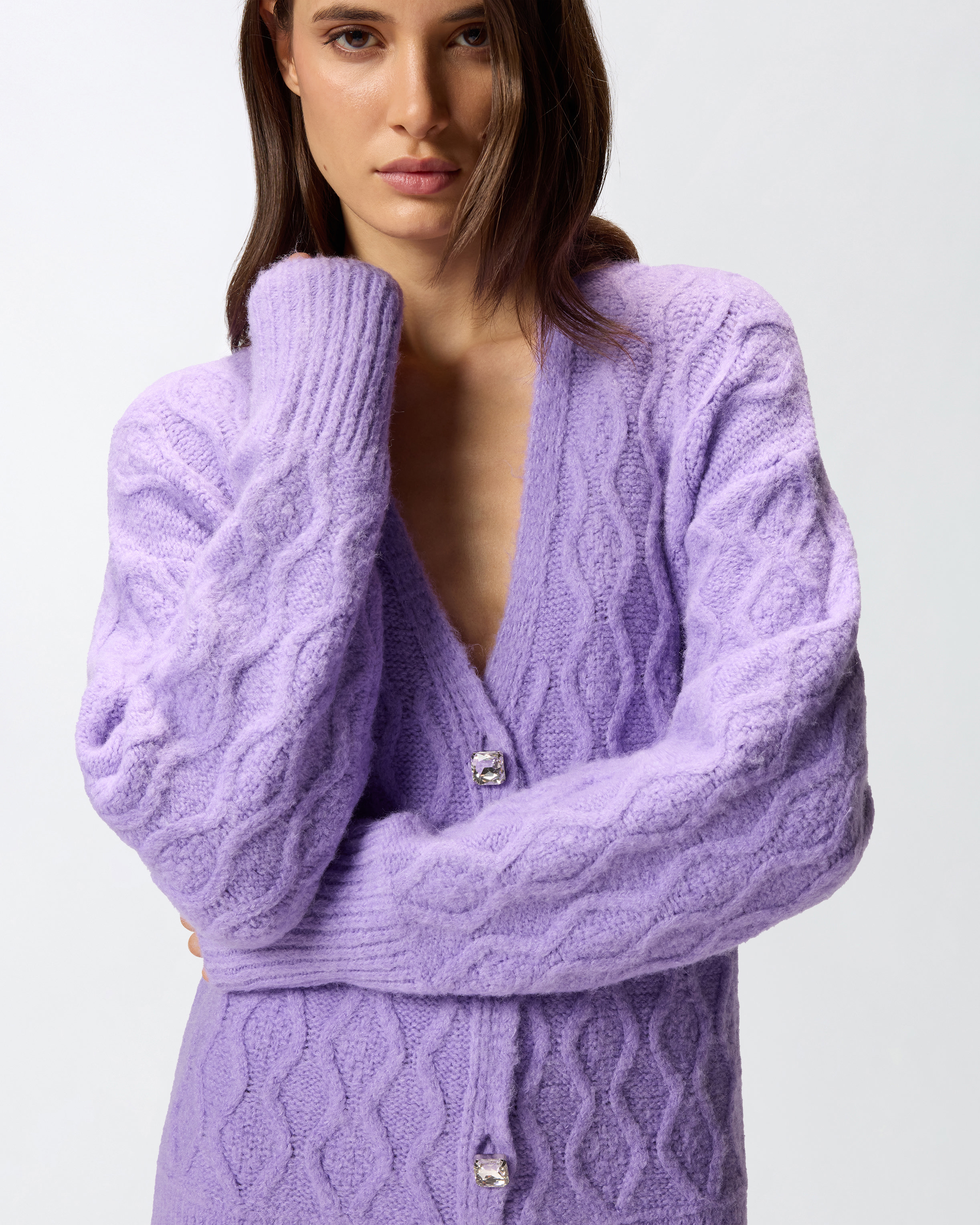 Pinko Knit Mini Dress With Cable Stitch And Jewel Buttons In Pink