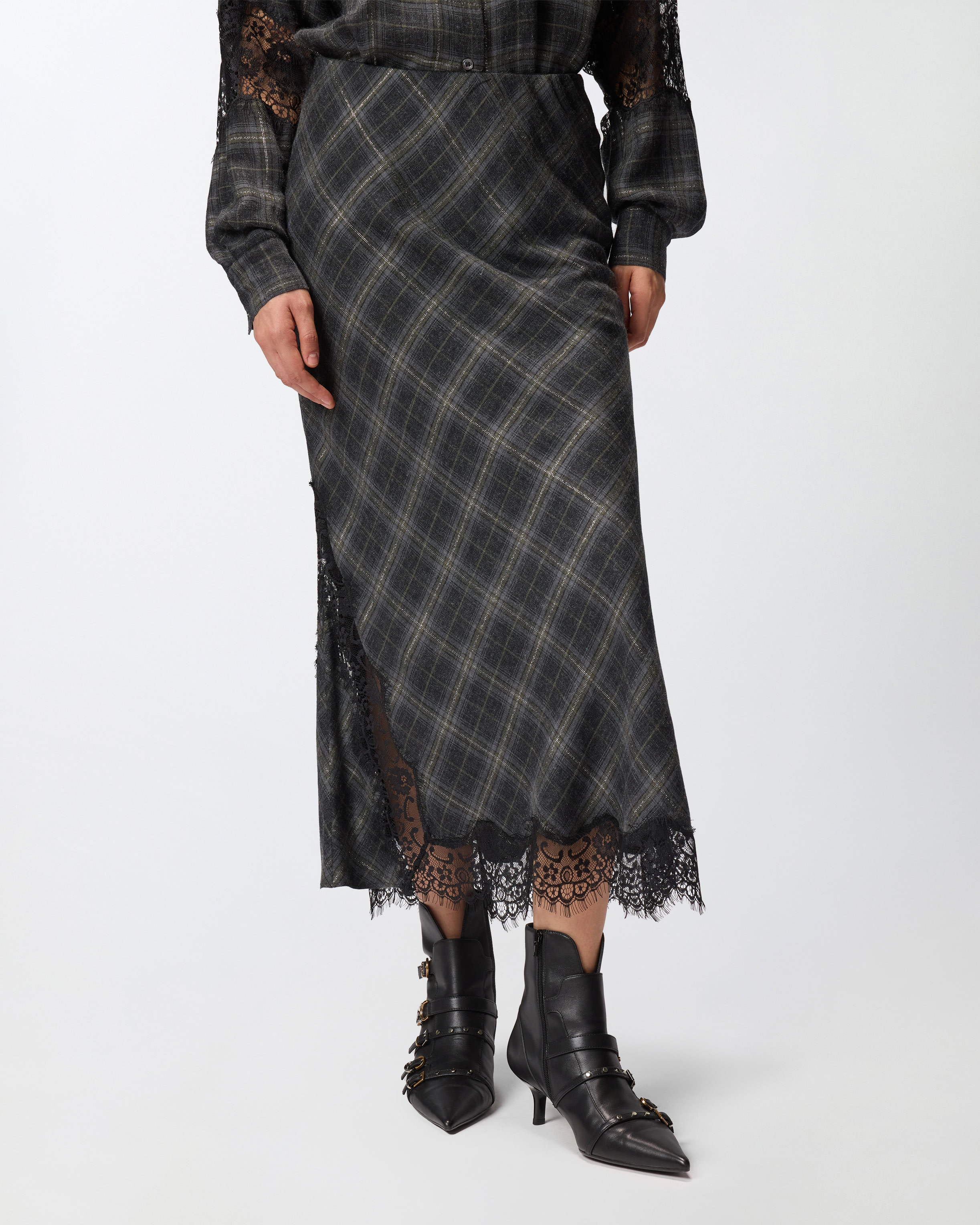 Pinko Lace-trimmed Checked Midi Skirt In Black