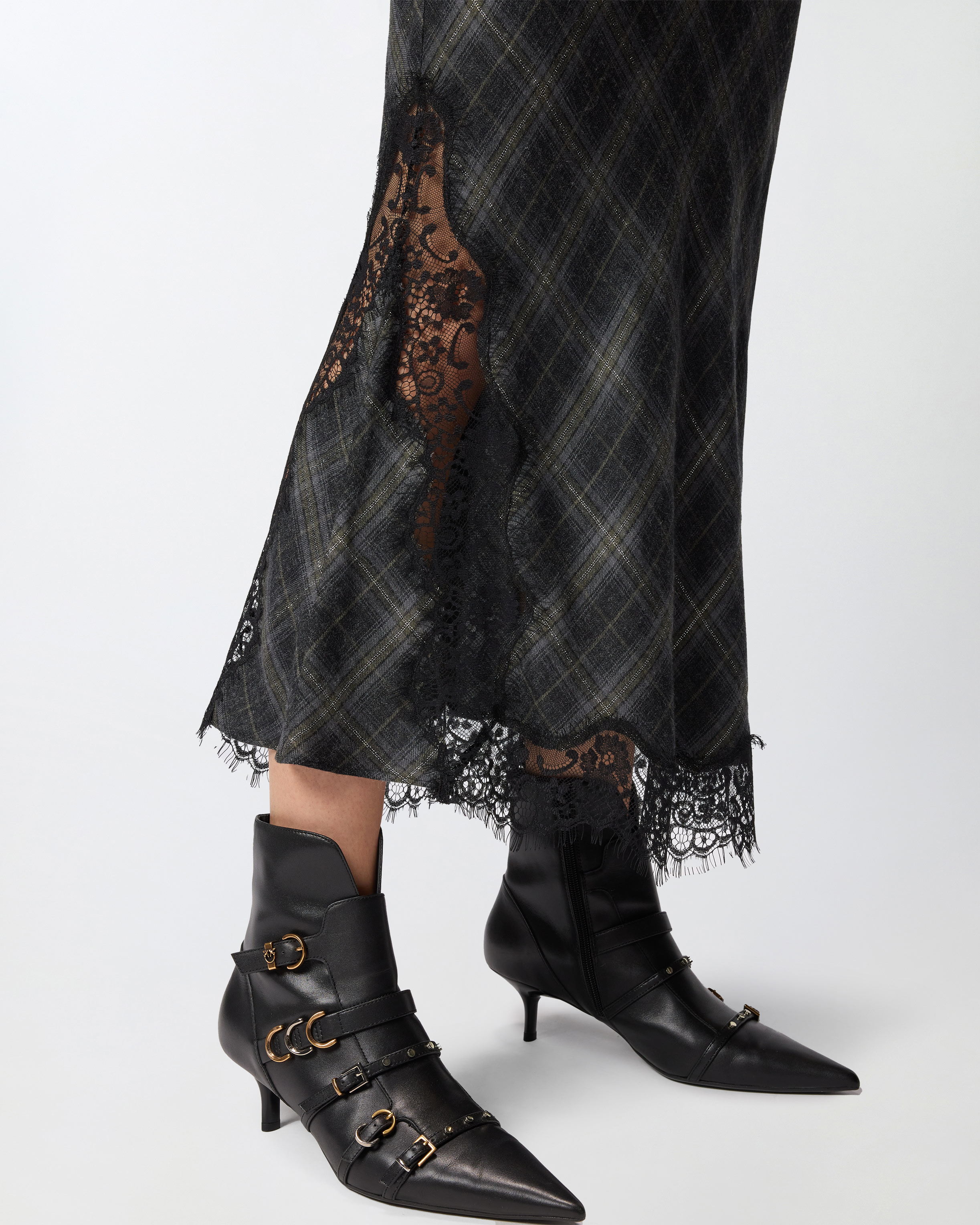 Pinko Lace-trimmed Checked Midi Skirt In Black