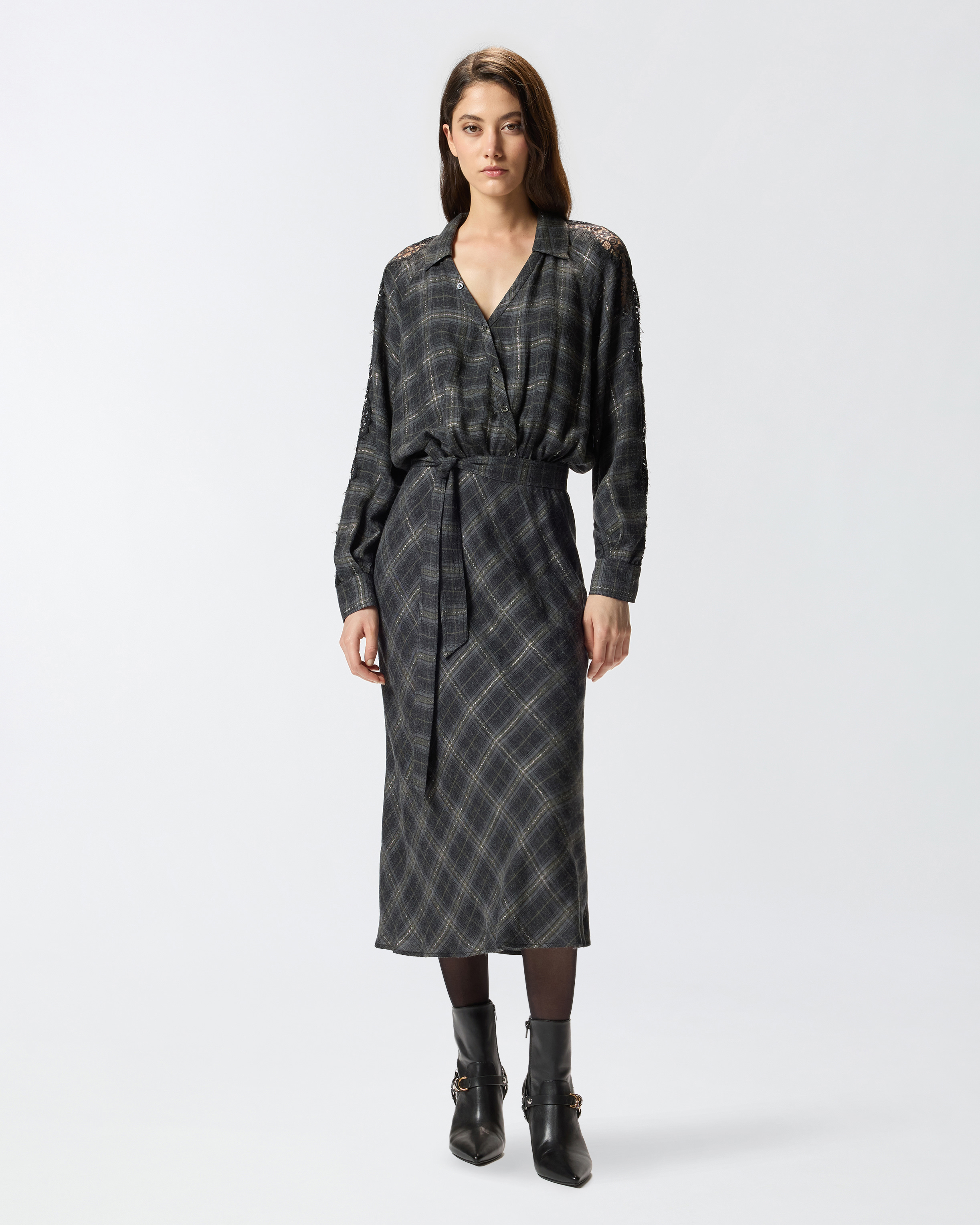 Pinko Lace-insert Check Midi Dress In Multi