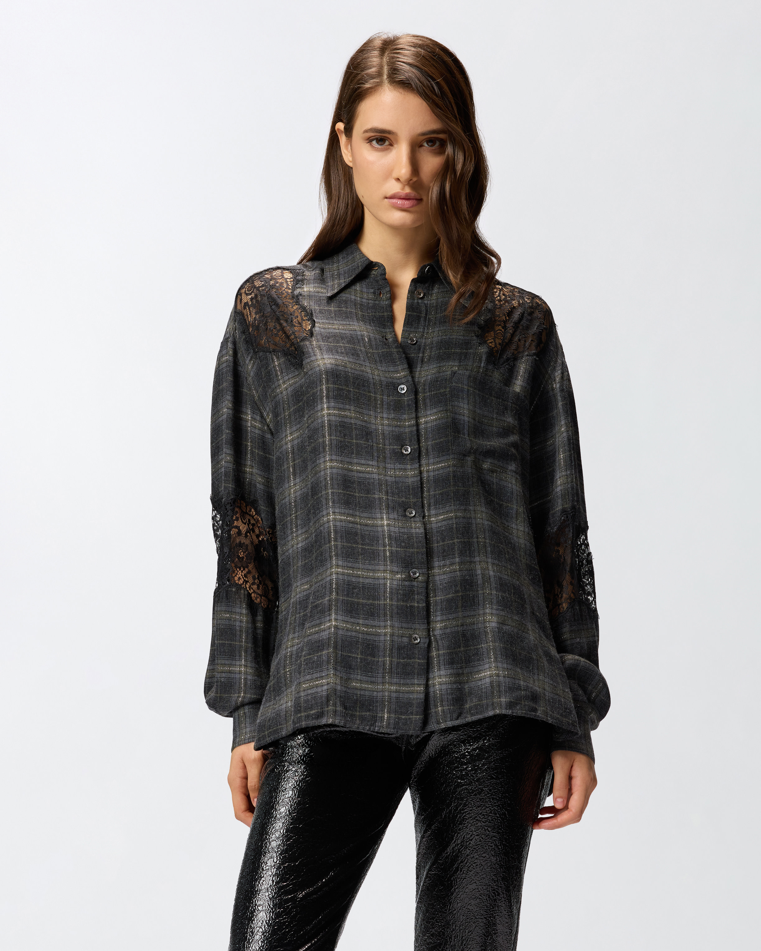 Pinko Lace Check-pattern Shirts In Black