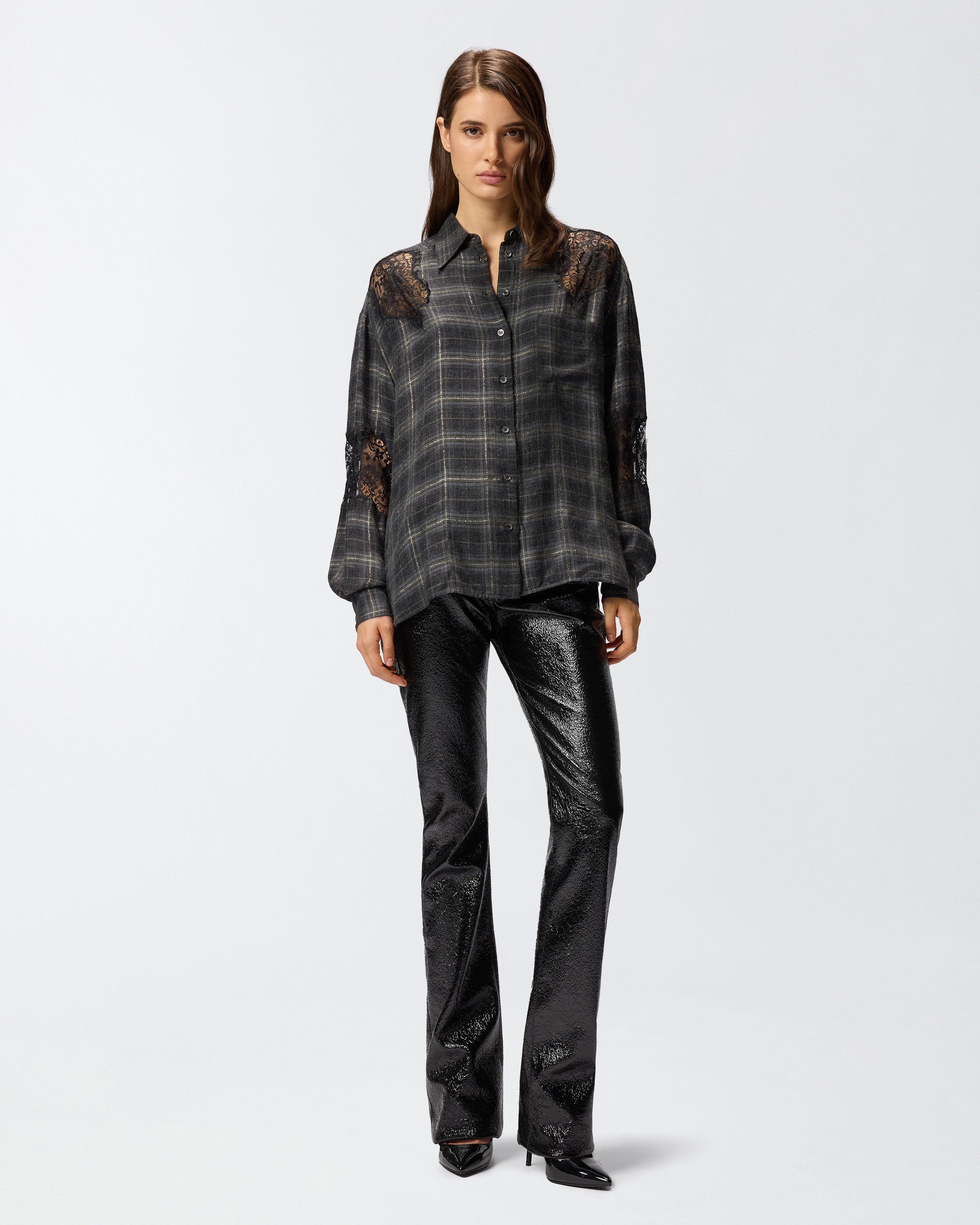 Pinko Lace Check-pattern Shirts In Black