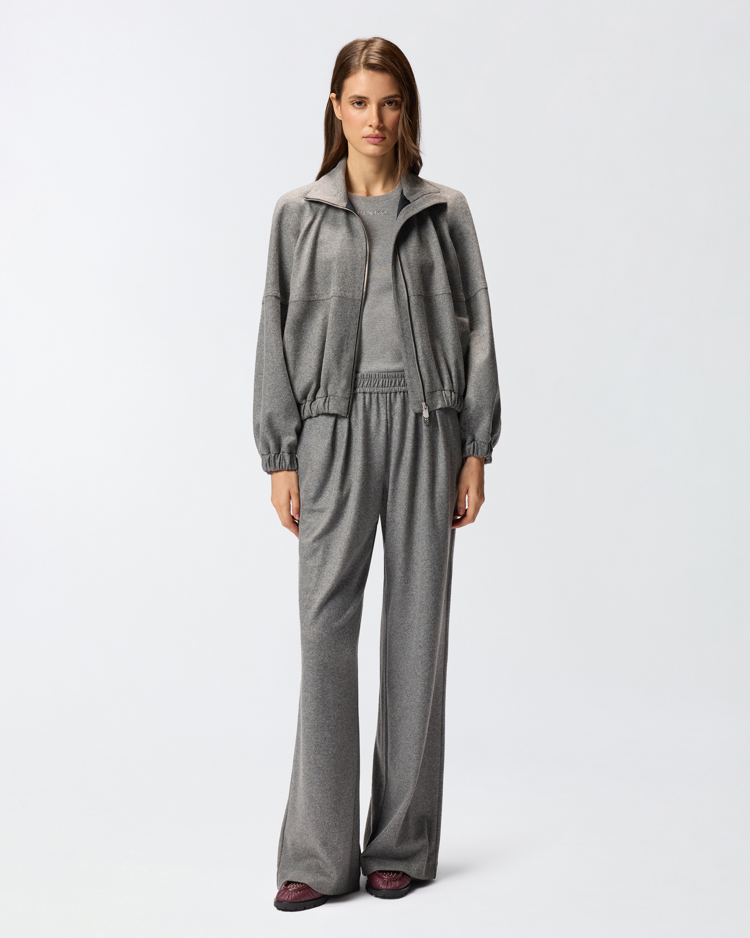 Pinko Long Wide-leg Wool-blend Trousers In Gray