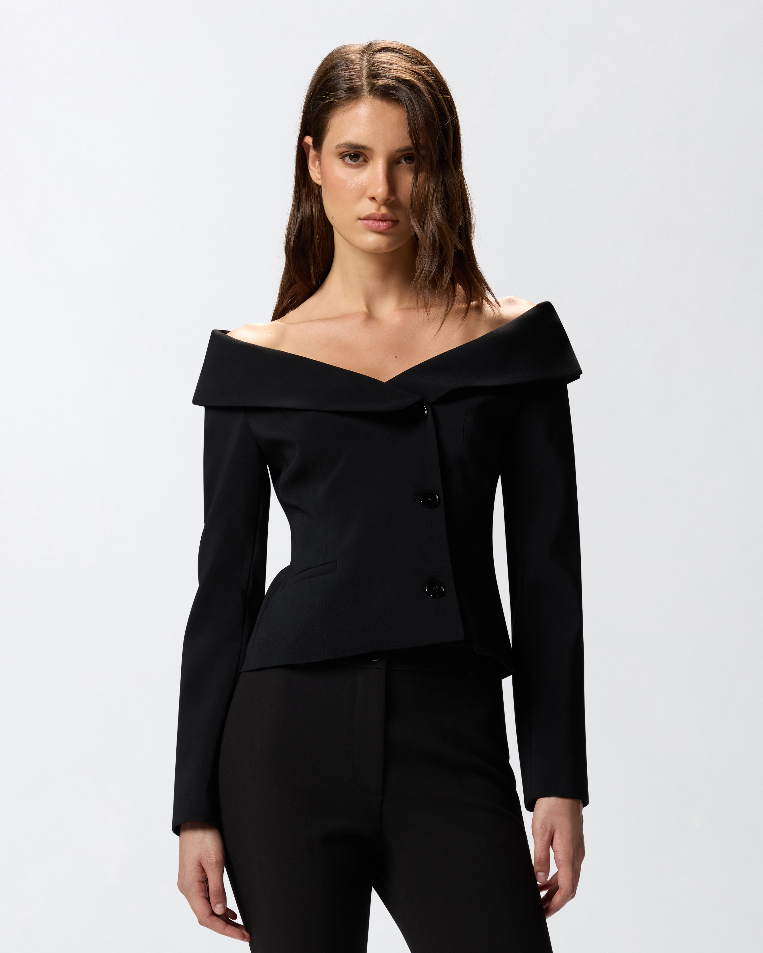 Pinko Off-the-shoulder Black Jacket With Folded Neckline In Black