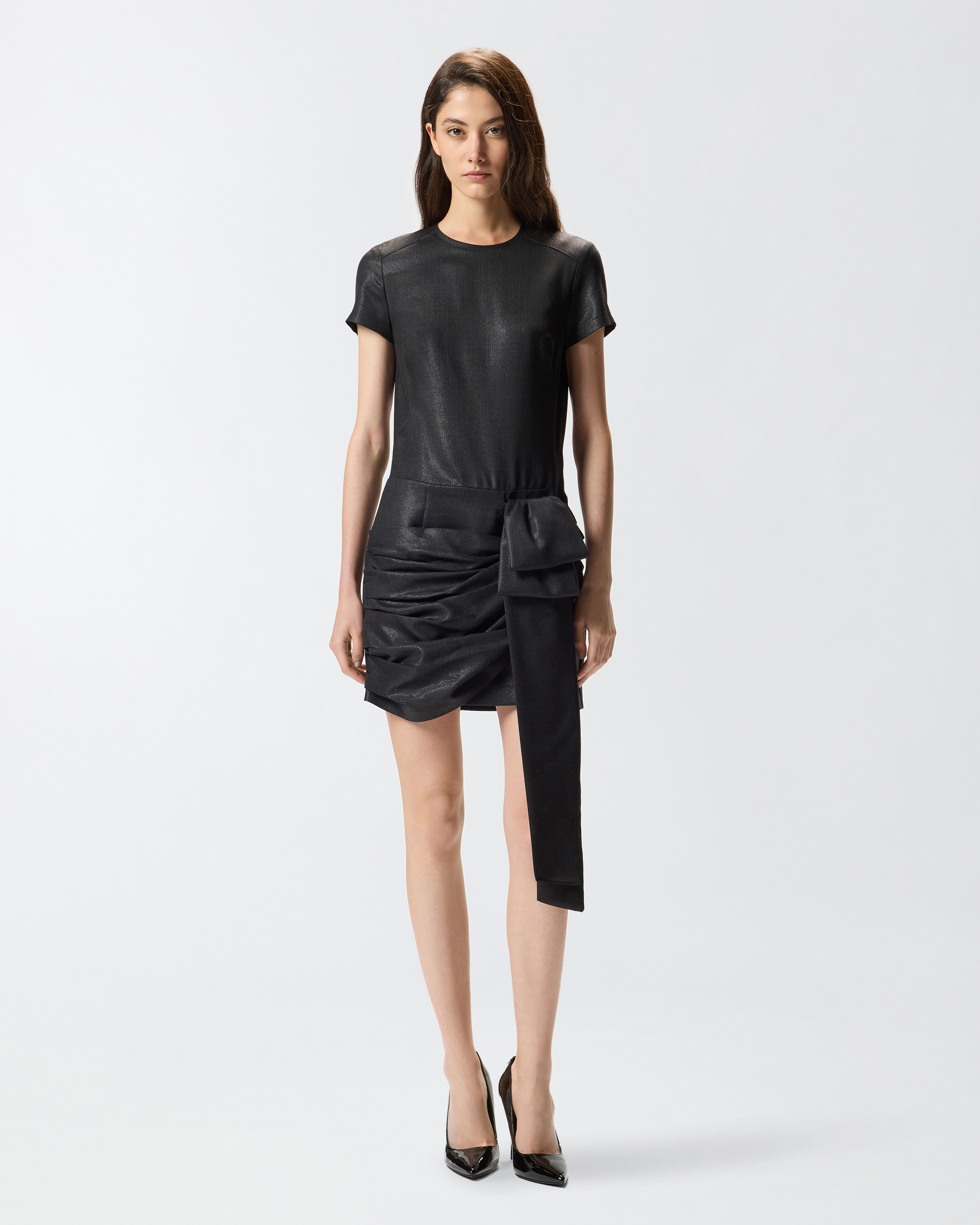 Pinko Short Pinstriped Dress With Draping In Black