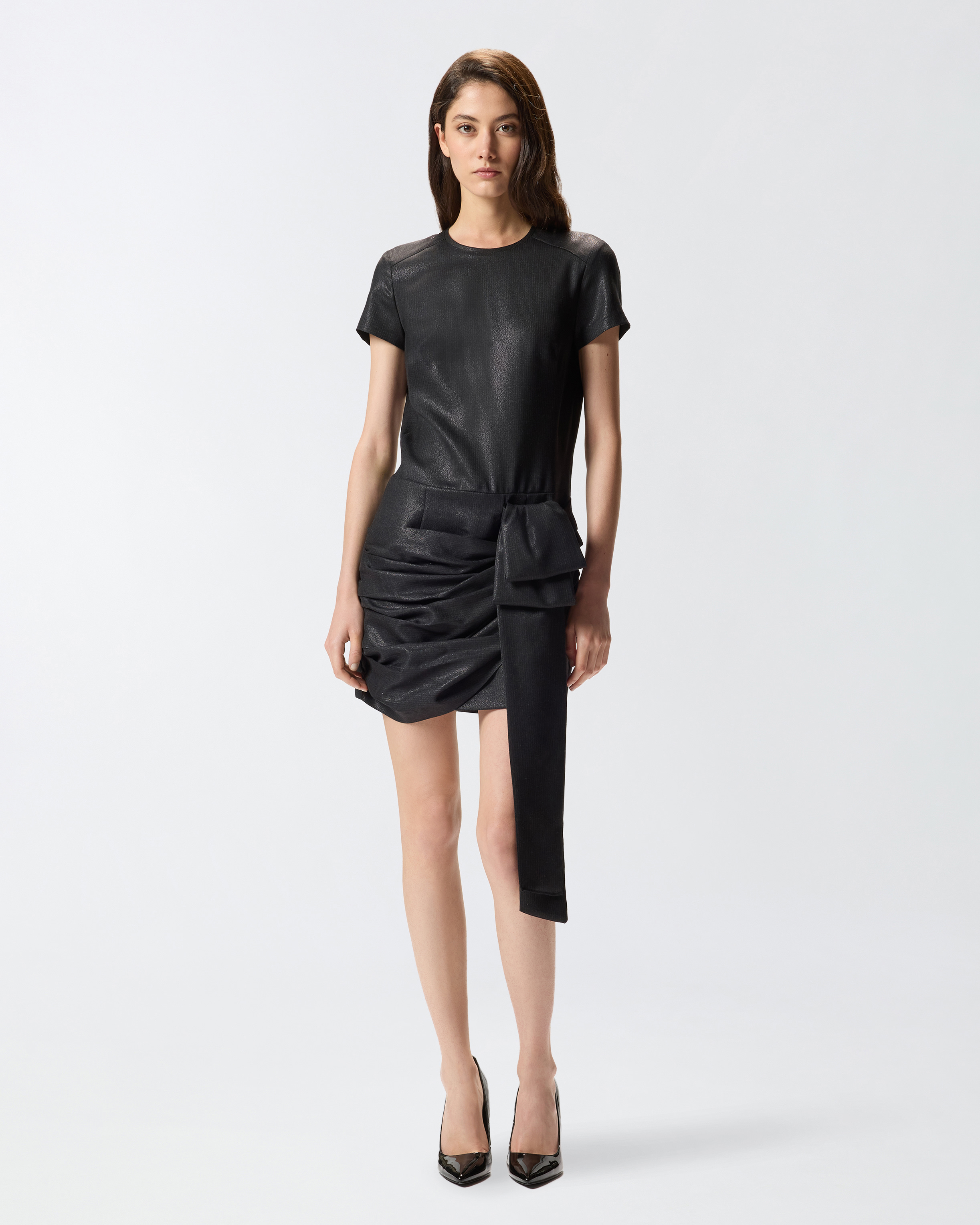 Pinko Short Pinstriped Dress With Draping In Black