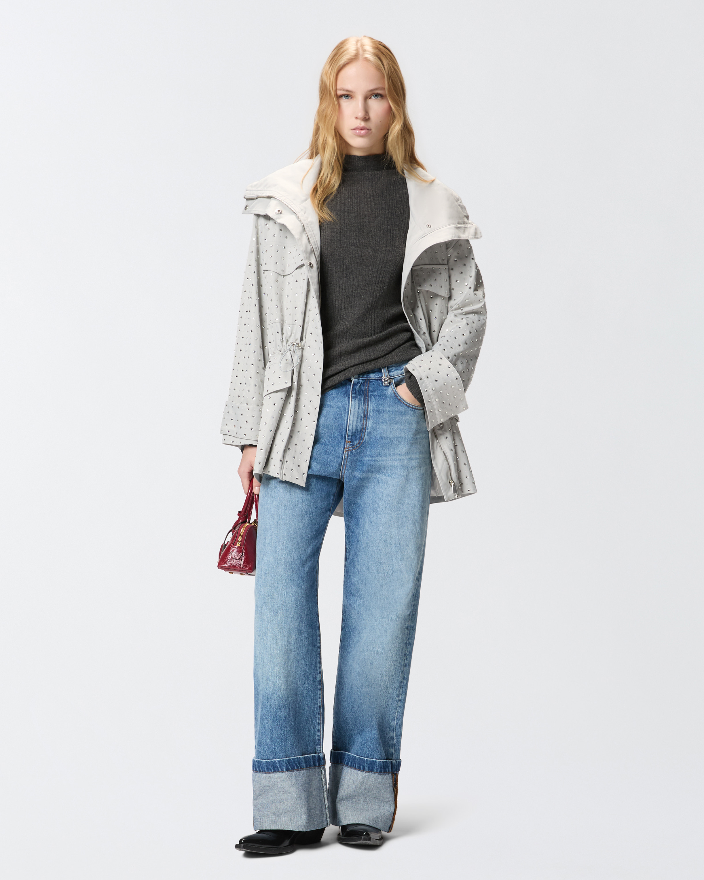 铆钉与水钻派克大衣 1